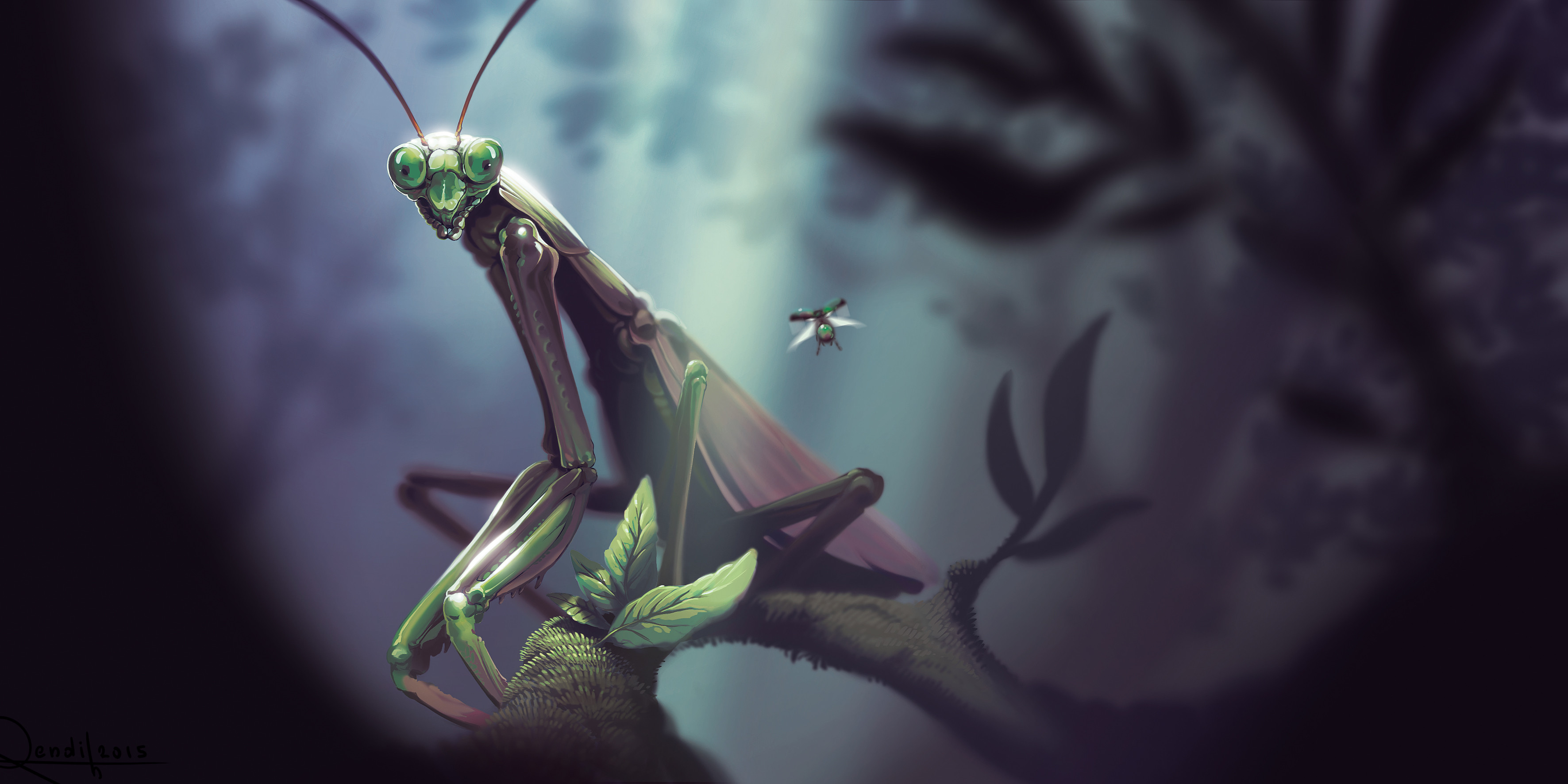 lorenzo lanfranconi, original, absurdres, commentary, english commentary, highres, 2others, branch, bug, fly, insect, leaf, light rays, moss, multiple others, nature, painterly, praying mantis, scenery