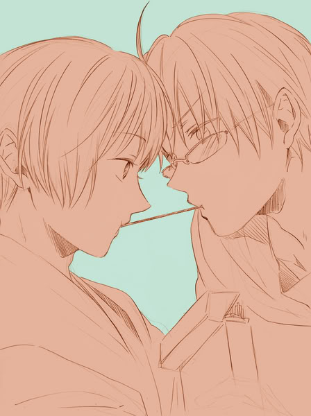 america (hetalia), japan (hetalia), axis powers hetalia, tagme, 00s, 2boys, eye contact, looking at another, male focus, multiple boys, pocky, pocky kiss, shared food