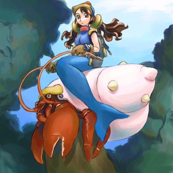 hirai yukio, original, arthropod, archived source, bad link, 1girl, antennae, backpack, bag, bare arms, blue bodysuit, blue tail, bodysuit, bolt (hardware), brown eyes, brown gloves, brown hair, claws, closed mouth, crab, crustacean, expressionless, full body, gloves, grey bag, hair tie, hairband, hermit crab, holding antenna, long hair, looking to the side, low twintails, mermaid costume, no pupils, riding, riding animal, sitting, sitting on animal, spiked shell, twintails, underwear, waist bag, wavy hair, yellow eyes, yellow hairband, zipper