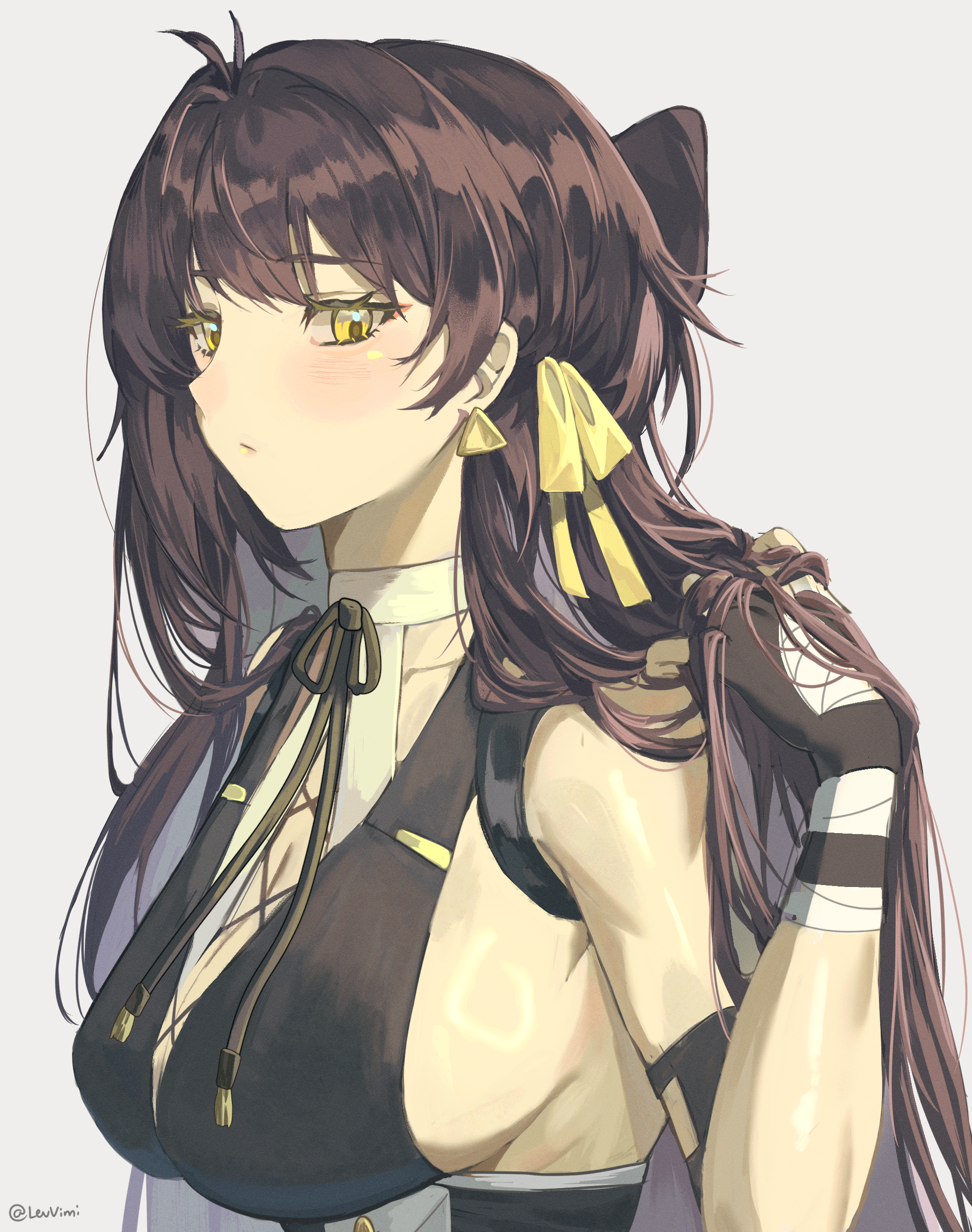 levvimi, female rover (wuthering waves), rover (wuthering waves), wuthering waves, absurdres, commentary, english commentary, highres, 1girl, bandaged hand, bandages, bare shoulders, black hair, blush, breasts, closed mouth, earrings, grey background, hair ribbon, hair undone, hand up, jewelry, large breasts, long hair, ribbon, sideboob, simple background, solo, triangle earrings, twitter username, upper body, yellow eyes, yellow ribbon