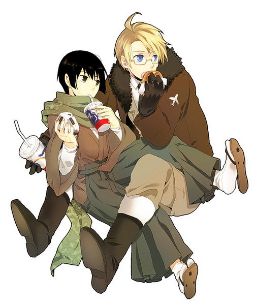 america (hetalia), japan (hetalia), axis powers hetalia, tagme, 00s, 2boys, burger, food, male focus, multiple boys