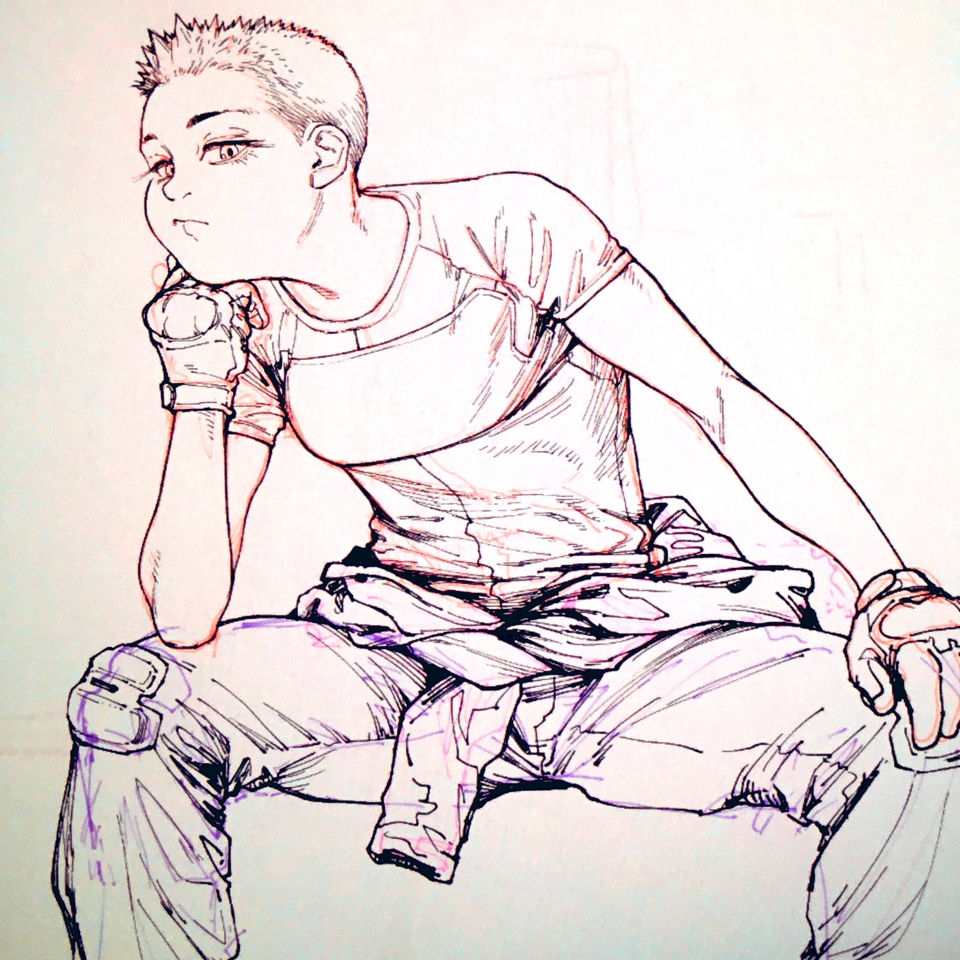 sakurai gamon, highres, 1girl, breasts, closed mouth, clothes around waist, eyelashes, gloves, hand on own knee, head rest, monochrome, official artist extra, oishi yugi, pants, shirt, short hair, short sleeves, simple background, solo, the pool, very short hair, white background