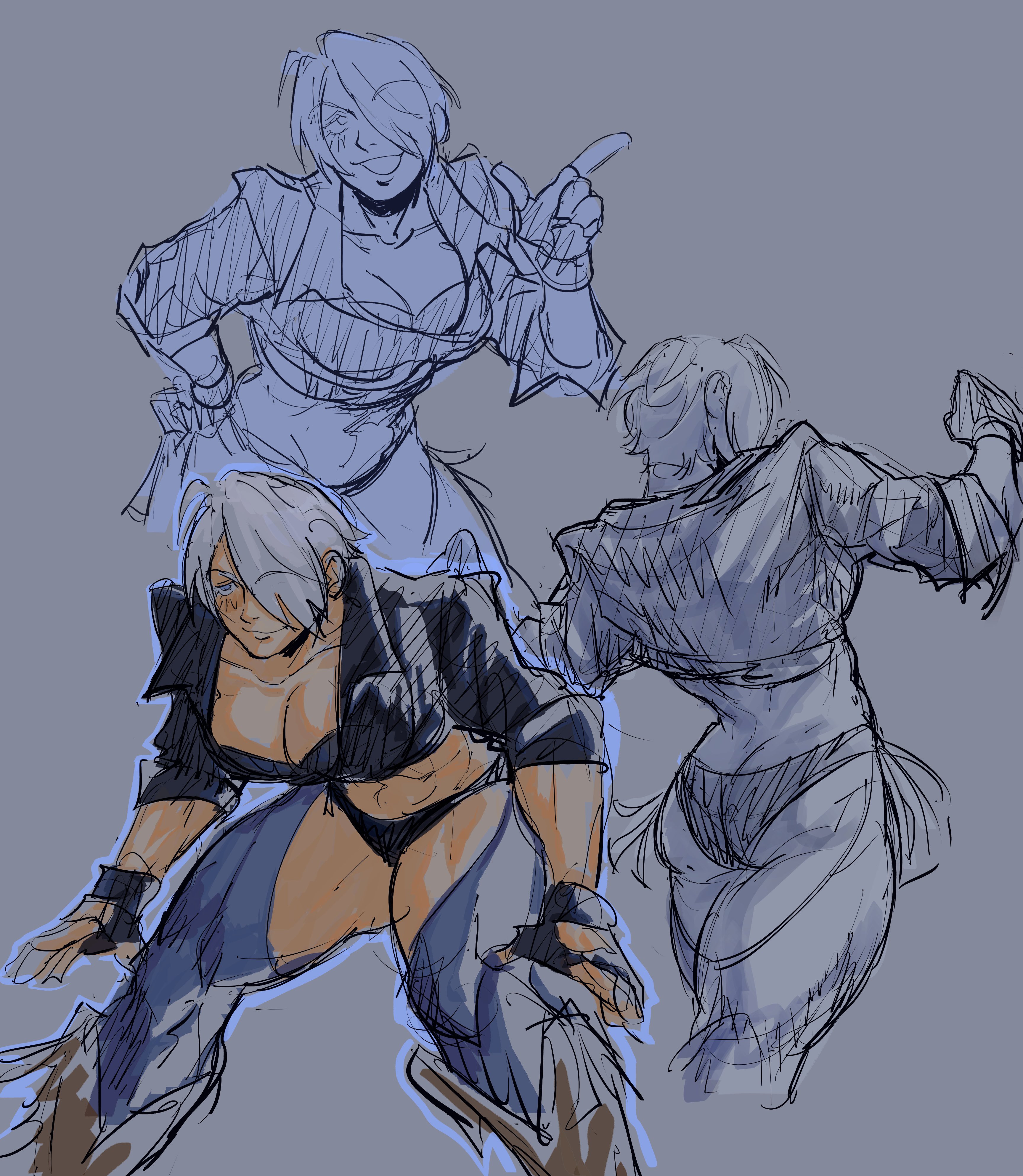 angel (kof), snk, the king of fighters, the king of fighters xiv, absurdres, highres, 1girl, abs, alternate muscle size, backless pants, blue eyes, bra, chaps, closed mouth, doodle inset, fingerless gloves, gloves, hair over one eye, jacket, leather, leather jacket, lemon1034, looking at viewer, midriff, muscular, obliques, panties, pants, short hair, simple background, smile, strapless, strapless bra, toned, toned female, underwear, white background, white hair