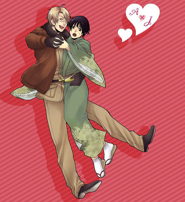 america (hetalia), japan (hetalia), axis powers hetalia, tagme, 00s, 2boys, ahoge, black eyes, black hair, blonde hair, blue eyes, glasses, japanese clothes, kimono, male focus, multiple boys