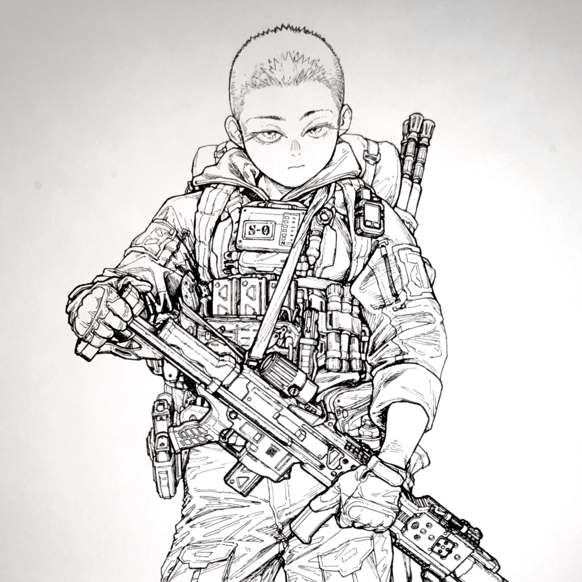 sakurai gamon, highres, 1girl, closed mouth, eyelashes, gloves, greyscale, gun, holding, holding gun, holding weapon, long sleeves, monochrome, official artist extra, oishi yugi, short hair, simple background, solo, tactical clothes, the pool, very short hair, weapon, white background