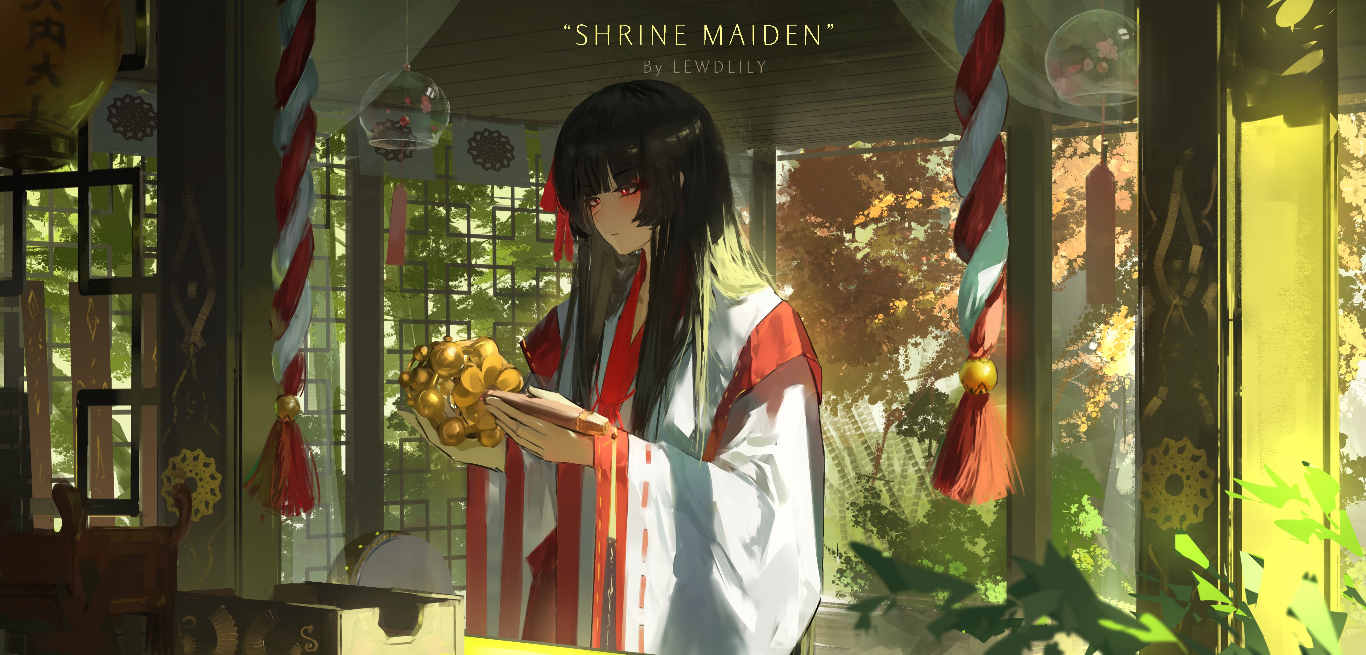 lewdlily66, chisa (wuthering waves), wuthering waves, absurdres, commentary, english commentary, highres, 1girl, alternate costume, artist name, bell, black hair, bright pupils, chihaya (clothing), hair ribbon, holding, holding instrument, indoors, instrument, japanese clothes, jingle bell, kagura suzu, long hair, looking ahead, miko, red eyes, red ribbon, ribbon, rope, shrine, solo, straight hair, title, white pupils, wide sleeves