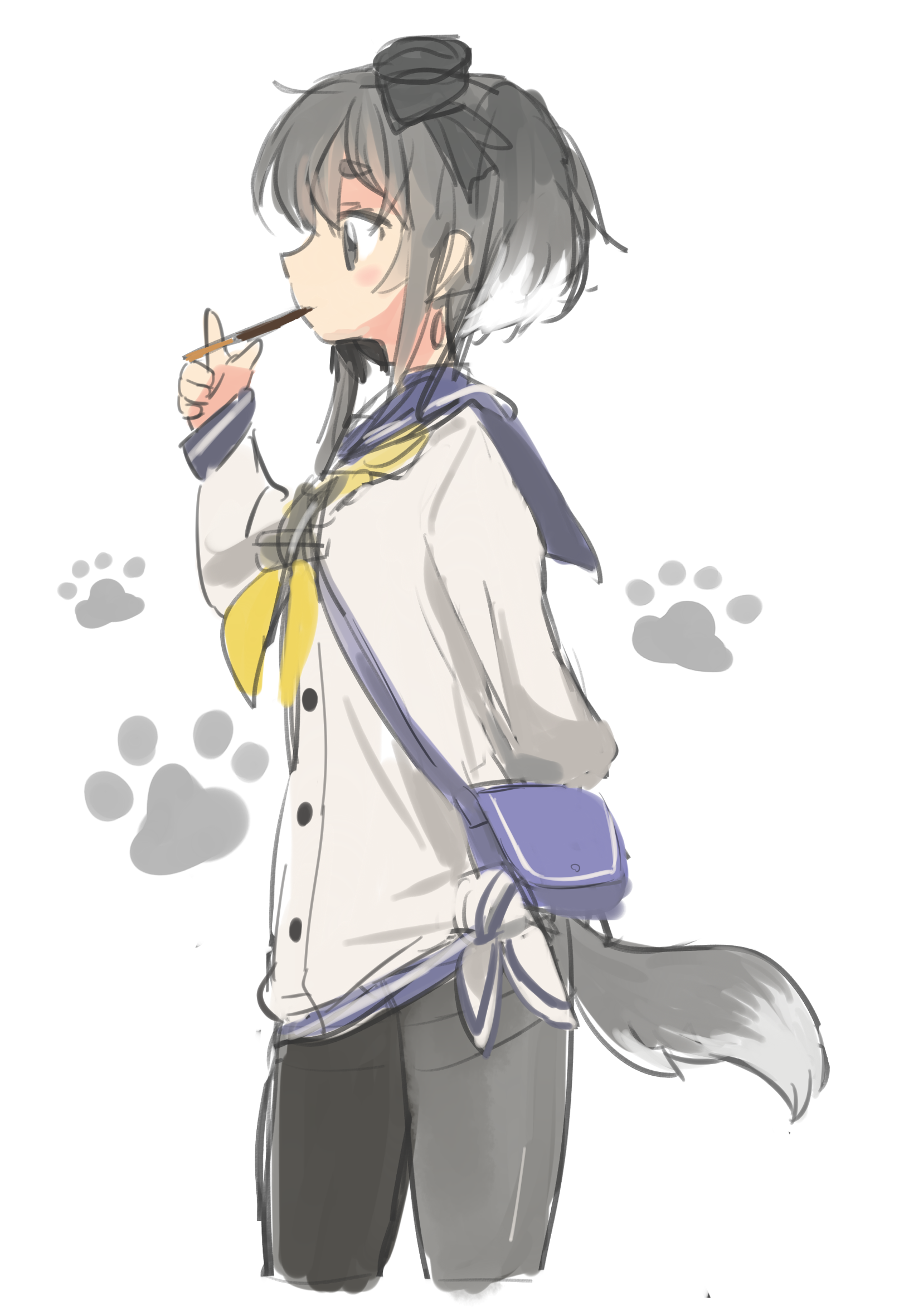 motohara moka, tokitsukaze (kancolle), kantai collection, commentary request, highres, anchor, arm behind back, bag, black eyes, black hair, black pantyhose, blue sailor collar, cropped legs, dog tail, dress shirt, food, food in mouth, from side, hair between eyes, long sleeves, looking ahead, multicolored hair, neckerchief, pantyhose, paw print, paw print background, pocky, pocky in mouth, sailor collar, shirt, shoulder bag, sidelocks, simple background, sketch, standing, streaked hair, tail, thighband pantyhose, tied shirt, twintails, white background, white hair, yellow neckerchief