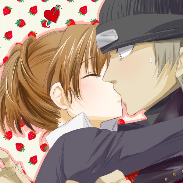 ichimatsu shiro, aragaki shinjirou, shiomi kotone, atlus, persona, persona 3, persona 3 portable, 1boy, 1girl, blush, brown hair, closed eyes, coat, couple, food, fruit, hetero, kiss, school uniform, strawberry, trench coat