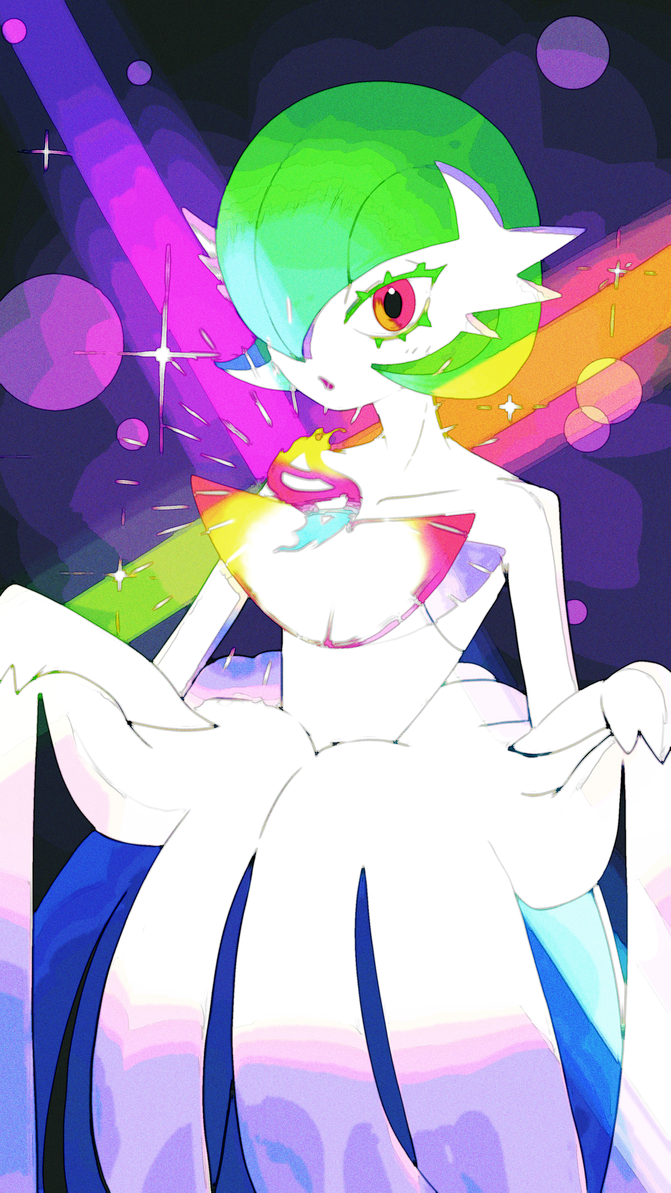 saiaku daitaikotsu, gardevoir, mega gardevoir, nintendo, pokemon, absurdres, highres, 1girl, bare shoulders, bob cut, collarbone, colored eyelashes, colored skin, curtsey, dress, elbow gloves, female focus, flat chest, gen 3 pokemon, gloves, glowing, green hair, hair over one eye, lifting own clothes, long dress, looking at viewer, mega evolution symbol, mega pokemon, one eye covered, open mouth, pokemon (creature), purple background, rainbow gradient, red eyes, short hair, solo, sparkle, standing, strapless, strapless dress, white dress, white gloves, white skin