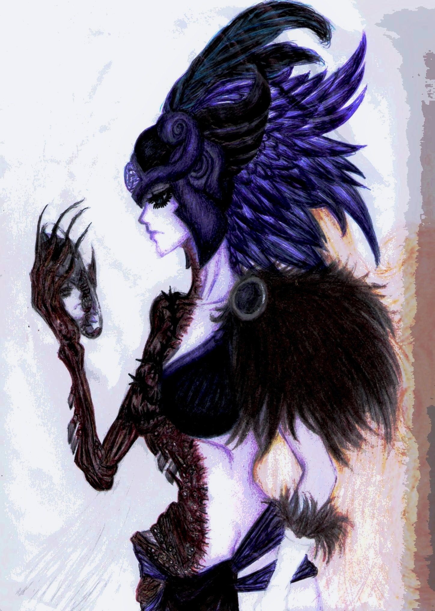 original, fur, highres, unfinished, 1girl, bikini, bikini top only, blonde hair, blue eyes, bone, breasts, cleavage, creepy, feathers, female focus, fingernails, gloves, headdress, helmet, horror (theme), loincloth, long hair, midriff, mirror, monster girl, nail (hardware), pale skin, sketch, solo, swimsuit, thorns, very long hair, wings