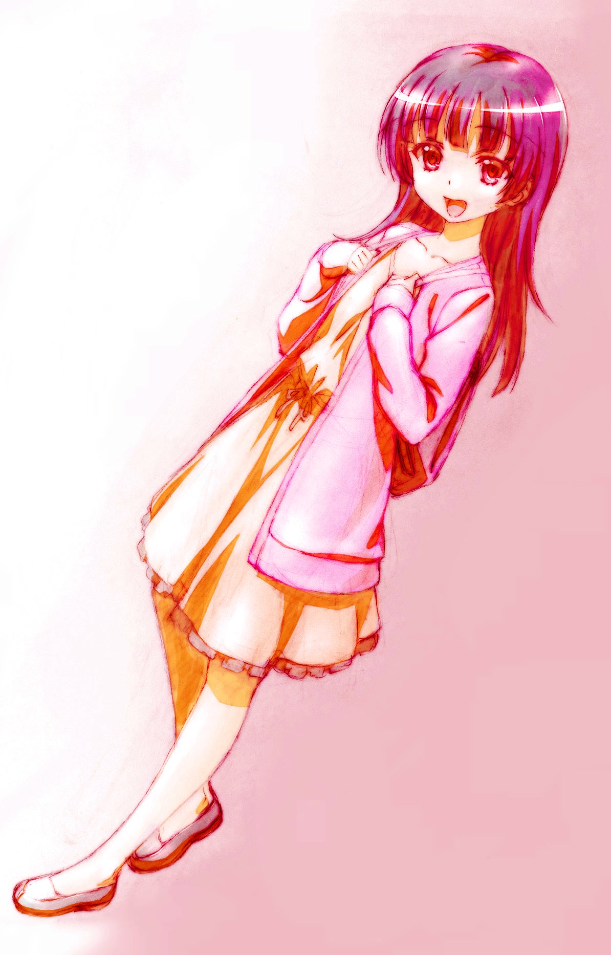 watanabe yoshihiro, shiguma rika, boku wa tomodachi ga sukunai, character request, check character, commentary request, highres, 1girl, alternate hairstyle, backpack, bag, black eyes, black hair, black shoes, cardigan, collarbone, dress, full body, gradient background, hands up, long hair, looking at viewer, official artist extra, open mouth, pink background, pink cardigan, shoes, smile, solo, standing, white background, white dress