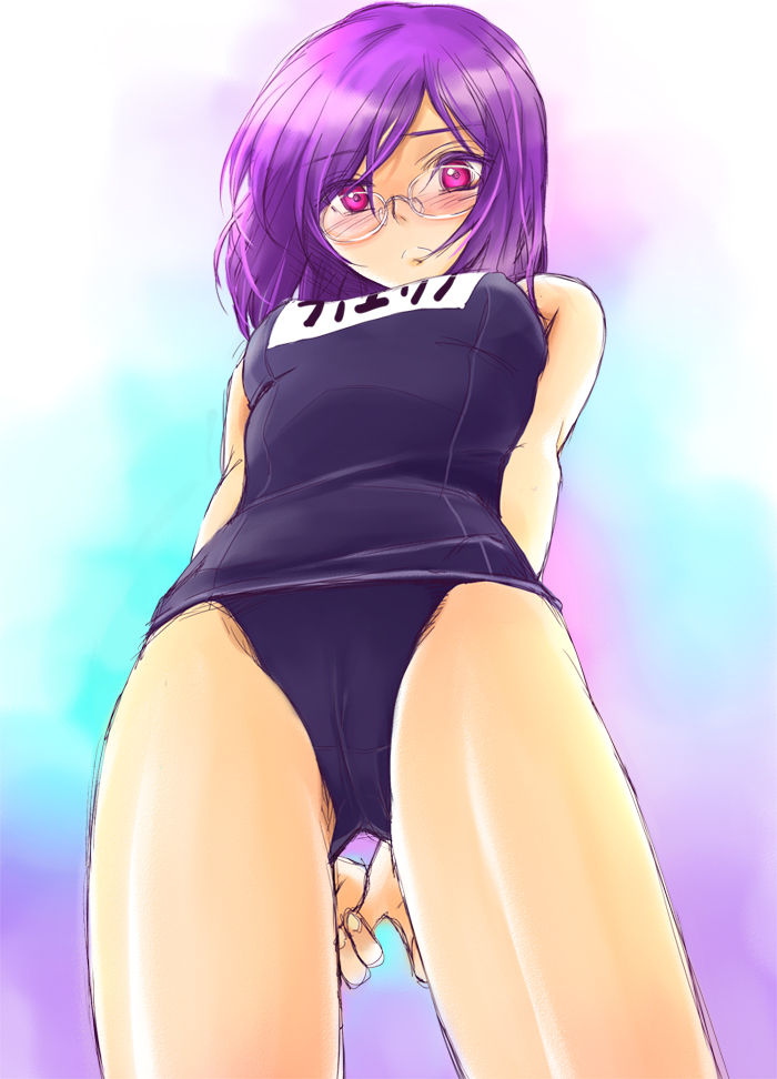 mytyl, tieria erde, gundam, gundam 00, bad id, bad pixiv id, 00s, 1girl, blush, female focus, from below, genderswap, genderswap (mtf), glasses, long hair, one-piece swimsuit, pink eyes, purple hair, school swimsuit, solo, swimsuit