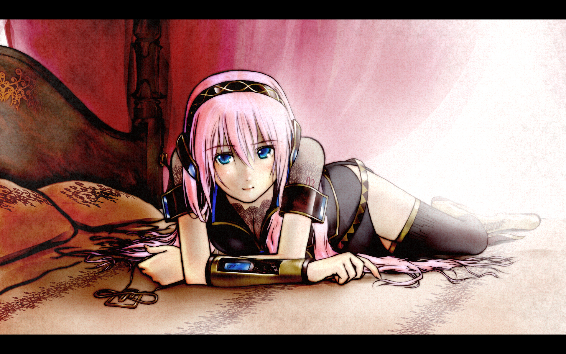 eg (1con), megurine luka, vocaloid, highres, 1girl, bed, blue eyes, breasts, cleavage, come hither, female focus, headphones, indoors, letterboxed, long hair, lying, on stomach, pillow, pink hair, skirt, smile, solo, thighhighs, zettai ryouiki