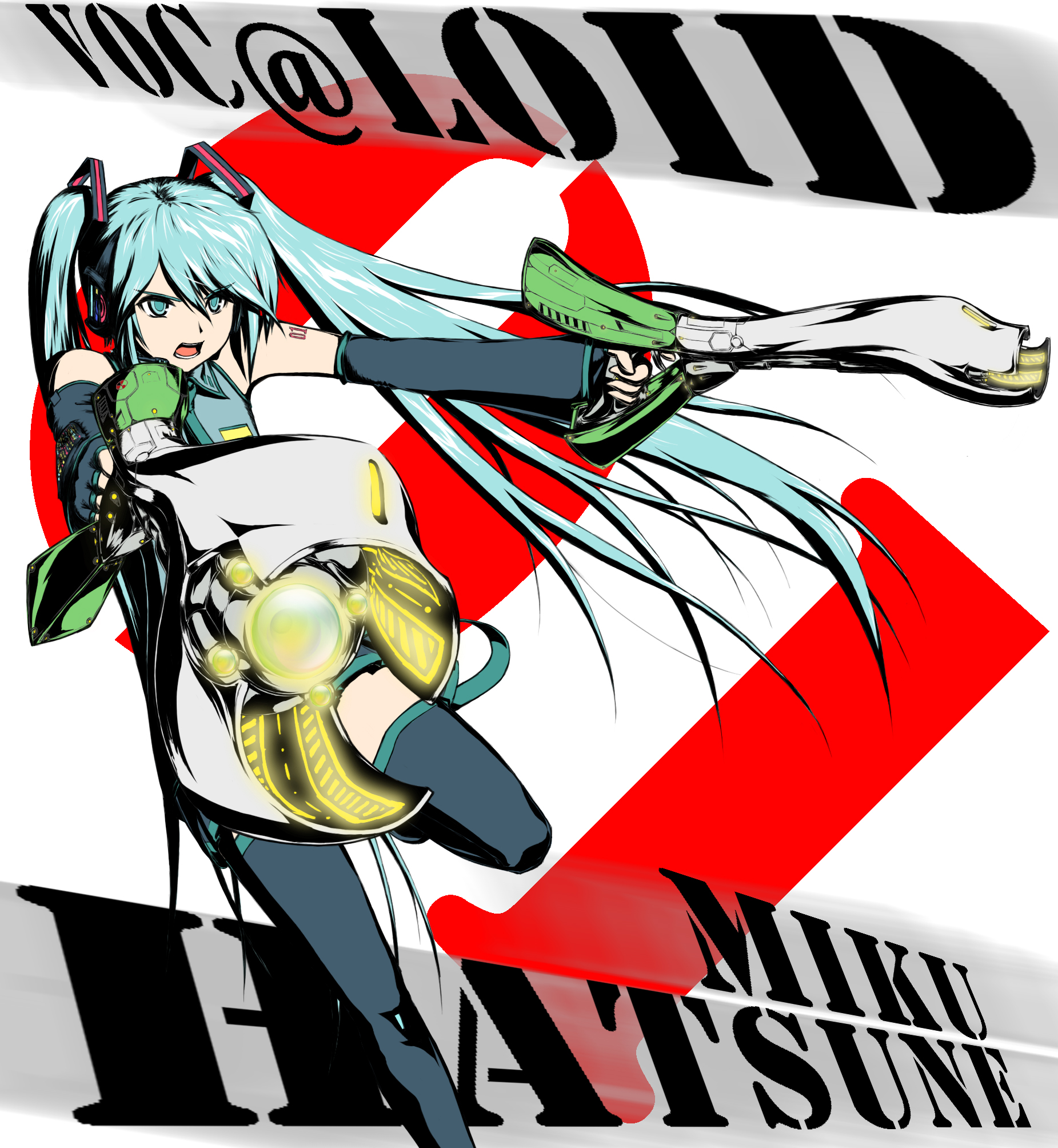 eg (1con), hatsune miku, vocaloid, highres, 1girl, aqua eyes, aqua hair, detached sleeves, female focus, fingerless gloves, gloves, gun, headphones, headset, high contrast, long hair, necktie, skirt, solo, spring onion, themed object, thighhighs, twintails, very long hair, weapon, zettai ryouiki