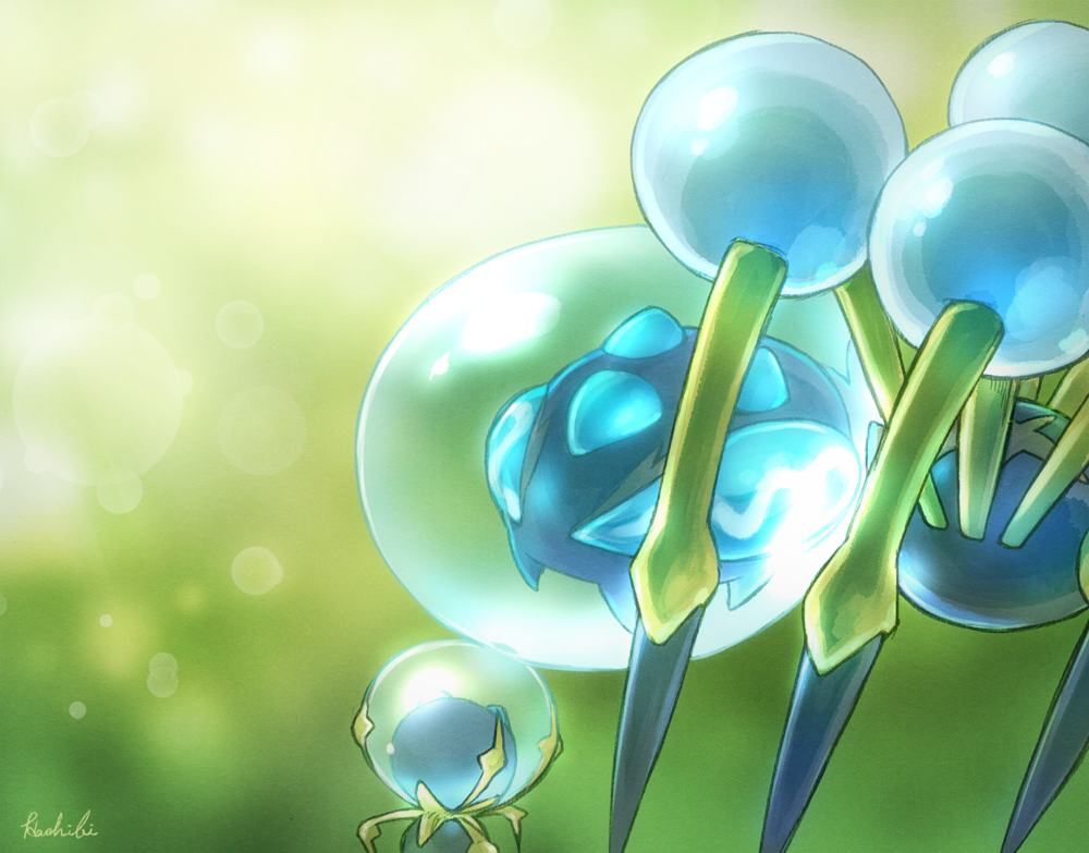 hashibi rokou, araquanid, dewpider, nintendo, pokemon, commentary request, animal focus, blurry, blurry background, bubble, bug, evolutionary line, gen 7 pokemon, no humans, pokemon (creature), pokemon focus, signature