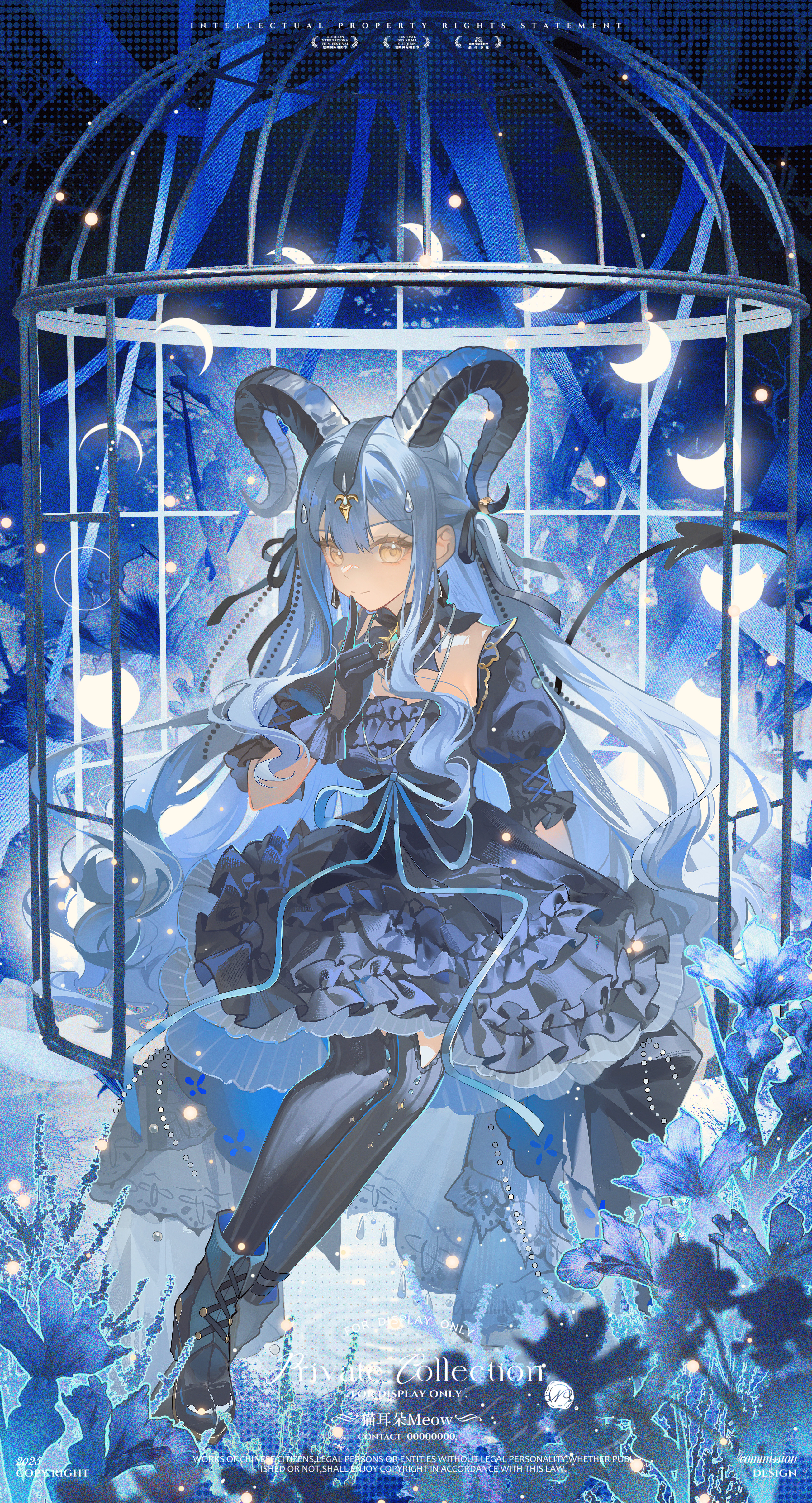 maoerduo meow, togawa sakiko, togawa sakiko (master of melodia), arknights, bang dream!, bang dream! it's mygo!!!!!, absurdres, chinese commentary, commentary request, highres, 1girl, black boots, black dress, black gloves, black horns, black pantyhose, black ribbon, black wrist cuffs, blue background, blue hair, blue nails, blue theme, boots, breasts, cage, closed mouth, crescent, curled horns, detached collar, dress, finger to cheek, frilled dress, frills, full body, gloves, hair ribbon, hand up, horn ornament, horn ring, horns, long hair, looking at viewer, medium breasts, moon phases, pantyhose, puffy short sleeves, puffy sleeves, ribbon, short sleeves, sidelocks, sitting, solo, tail, two side up, wrist cuffs, yellow eyes