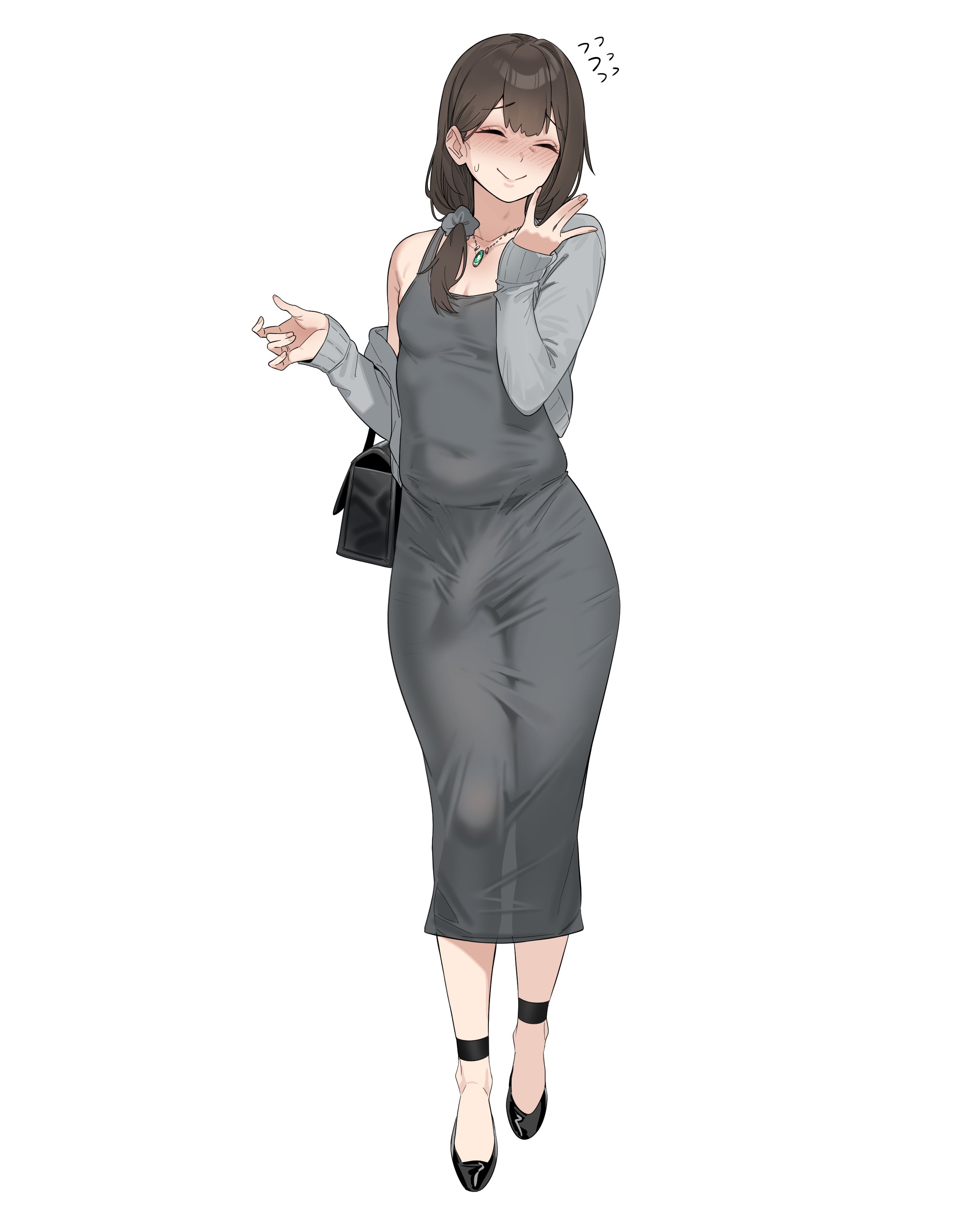 in (ain), original, absurdres, highres, 1boy, bag, brown hair, closed eyes, closed mouth, covered penis, crossdressing, crossdressing (mtf), dress, flying sweatdrops, full body, grey hair, grey sweater, handbag, jewelry, male focus, mature male, necklace, pendant, simple background, smile, solo, sweater, tight clothes, tight dress, trap, white background