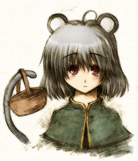 soratsuki kakeru, nazrin, touhou, bad id, bad pixiv id, 1girl, animal ears, basket, blush, female focus, grey hair, mouse ears, mouse tail, red eyes, solo, tail, upper body, white background