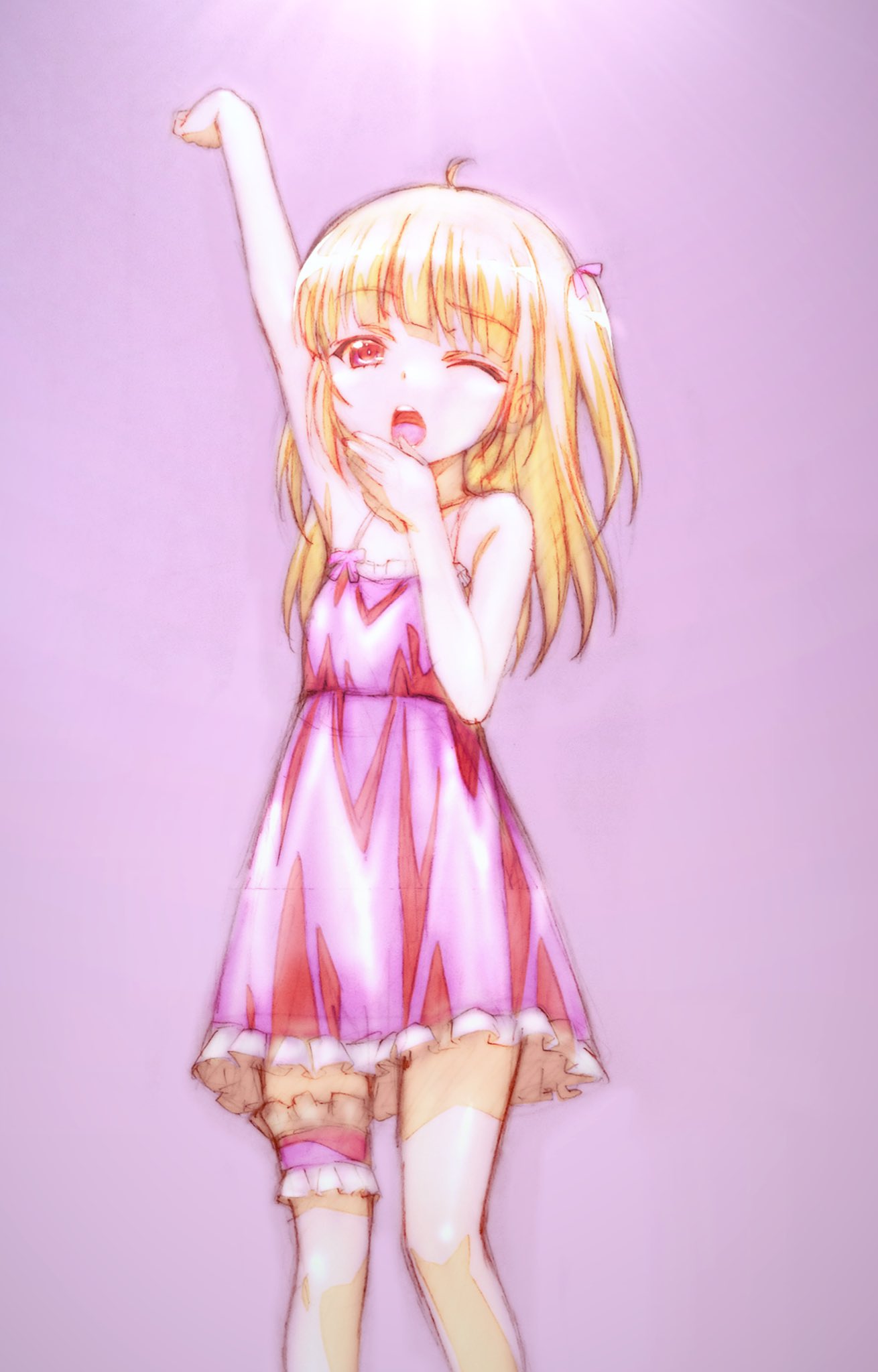 watanabe yoshihiro, hasegawa kobato, boku wa tomodachi ga sukunai, commentary request, highres, 1girl, ;o, ahoge, arm up, armpits, blunt bangs, chemise, collarbone, feet out of frame, frilled chemise, frilled thigh strap, gradient background, hair ribbon, long hair, official artist extra, one eye closed, open clothes, pink background, pink chemise, pink ribbon, red eyes, ribbon, sleepy, solo, standing, stretching, thigh strap, yawning