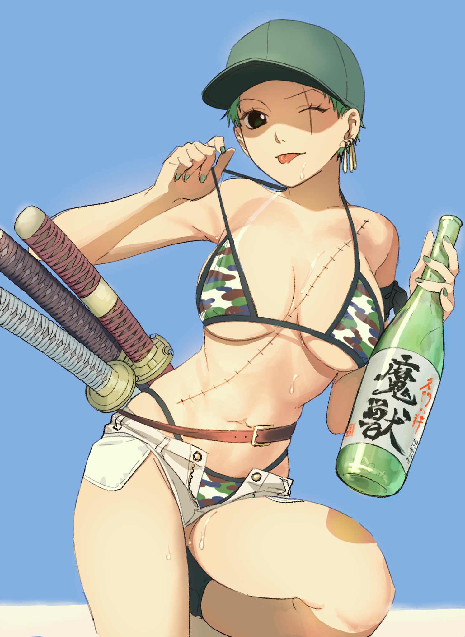 53 (kanimisomrmr), roronoa zoro, one piece, commentary, highres, translation request, 1girl, belt, bikini, blue background, bottle, breasts, camouflage, camouflage bikini, earrings, genderswap, genderswap (mtf), green hair, holding, holding bottle, jewelry, large breasts, looking at viewer, navel, one eye closed, open fly, scar, scar across eye, scar on face, short hair, short shorts, shorts, solo, stitched torso, stitches, strap pull, swimsuit, sword, tan, tanline, tongue, tongue out, weapon, white shorts