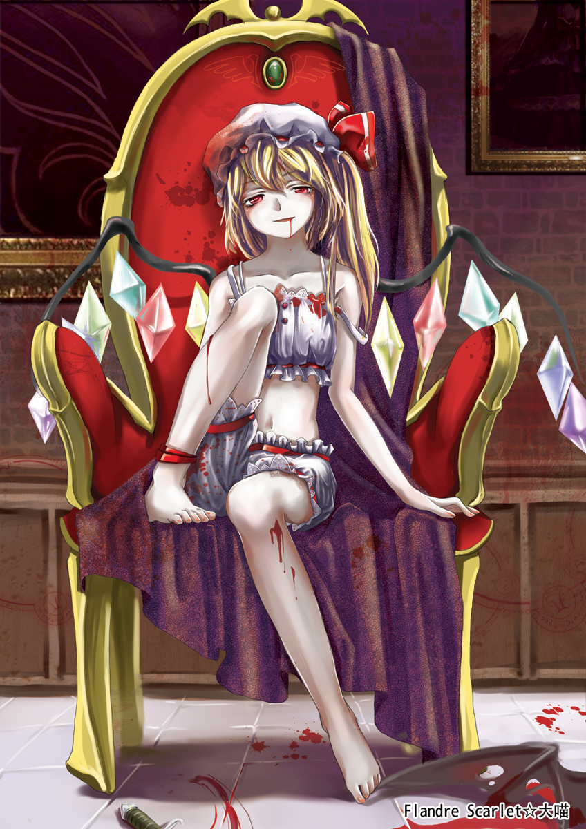 hikarumiao, beatrice (umineko), eva beatrice, flandre scarlet, touhou, umineko no naku koro ni, framed, highres, 00s, 1girl, anklet, armchair, barefoot, bat wings, blonde hair, blood, blood in mouth, bloomers, chair, crossover, empty eyes, feet, feet on chair, female focus, flat chest, hat, jewelry, legs, nail polish, navel, on chair, picture frame, ponytail, portrait (object), red eyes, short hair, side ponytail, solo, toenail polish, toenails, underwear, wings