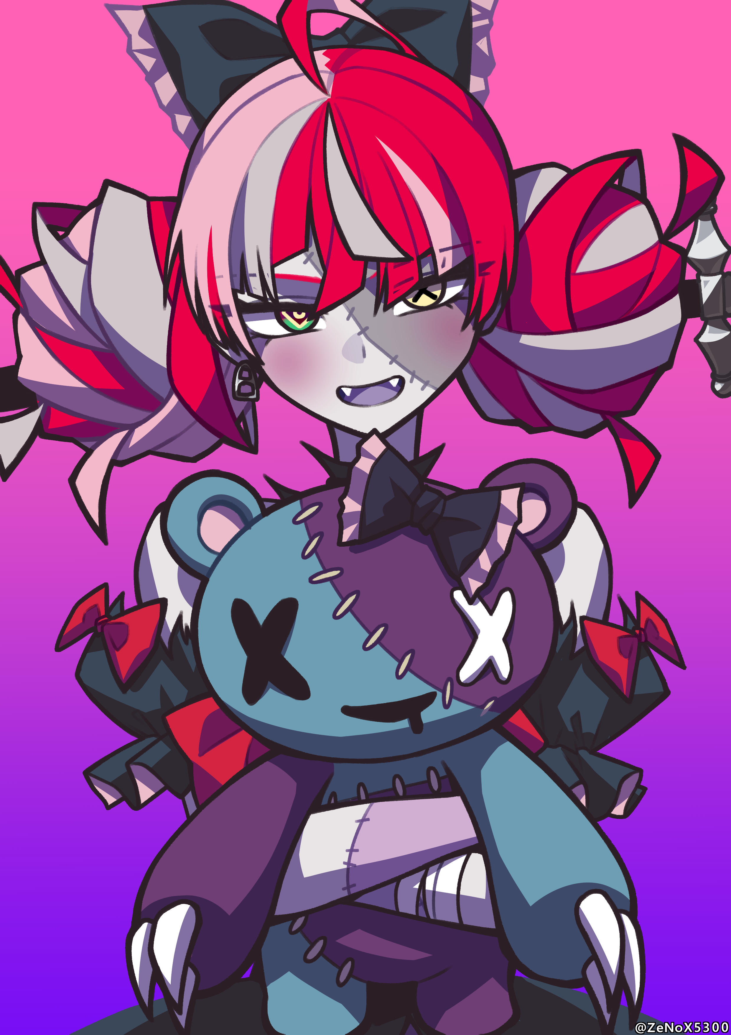 zenox5300, kureiji ollie, udin (kureiji ollie), hololive, hololive indonesia, absurdres, commentary, highres, 1girl, ahoge, bandaged arm, bandages, bare shoulders, bear claws, black bow, black dress, blunt bangs, blush, bow, claws, colored skin, double bun, dress, drooling, earrings, fangs, gradient background, green eyes, grey hair, hair bow, hair bun, half-closed eyes, heterochromia, impaled, jewelry, long hair, looking at viewer, mismatched pupils, mouth drool, multicolored eyes, multicolored hair, multicolored skin, object through head, open mouth, patchwork skin, pink background, pink hair, puffy short sleeves, puffy sleeves, purple background, red eyes, red hair, short sleeves, single earring, standing, stitched arm, stitched face, stitches, stuffed animal, stuffed toy, sword, sword in head, teddy bear, two-tone eyes, two-tone skin, upper body, virtual youtuber, weapon, x x, yellow eyes, zombie