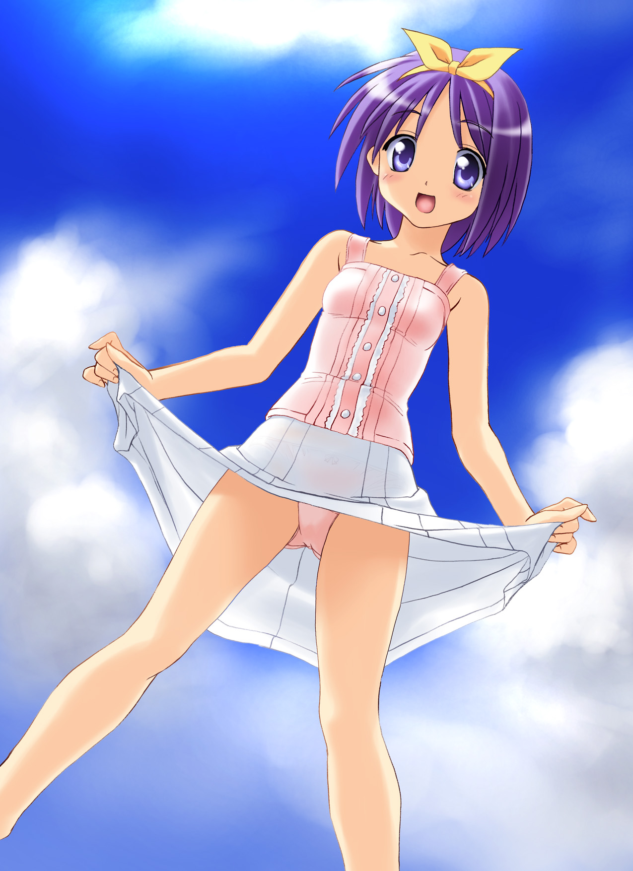 norizou type-r, hiiragi tsukasa, lucky star, highres, 00s, 1girl, blue eyes, clothes lift, cloud, day, female focus, from below, panties, purple hair, ribbon, short hair, skirt, skirt lift, sky, smile, solo, underwear, upskirt