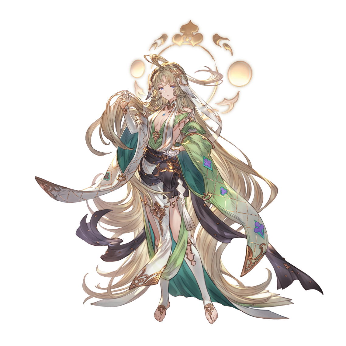 minaba hideo, granblue fantasy, official art, 1girl, ahoge, bhaisa (granblue fantasy), blonde hair, blue eyes, breasts, bridal gauntlets, erune, hair ornament, long hair, looking at viewer, medium breasts, solo, very long hair, wide sleeves
