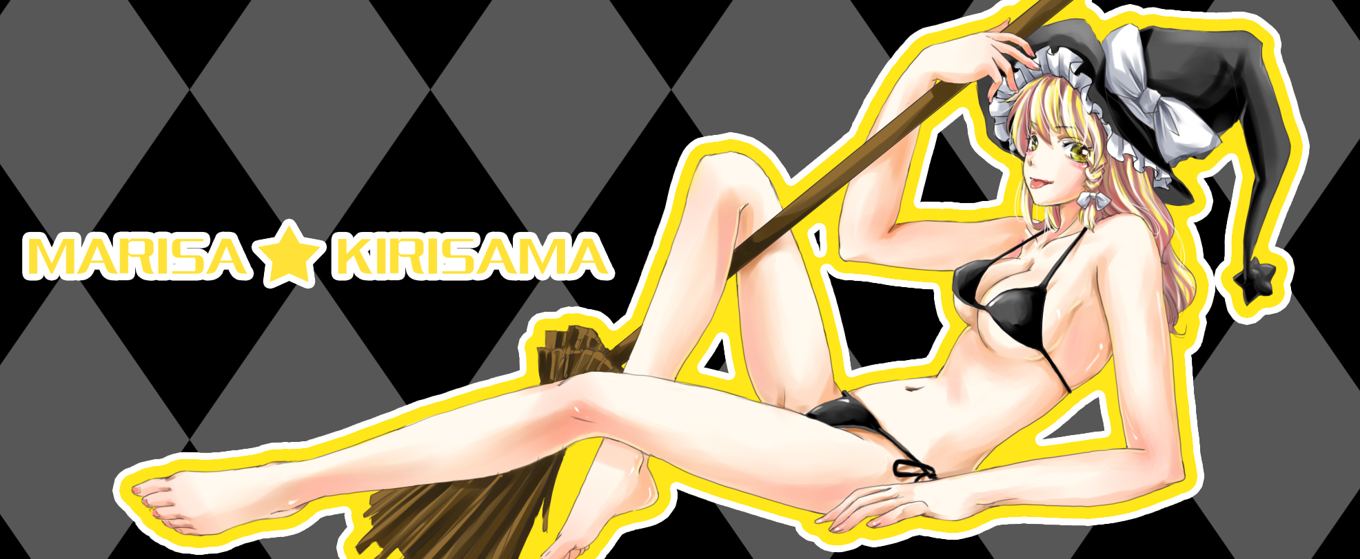 hikarumiao, kirisame marisa, touhou, highres, 1girl, bare shoulders, barefoot, bikini, black bikini, blonde hair, braid, broom, feet, female focus, hat, legs, short hair, smile, solo, swimsuit, witch, witch hat, yellow eyes