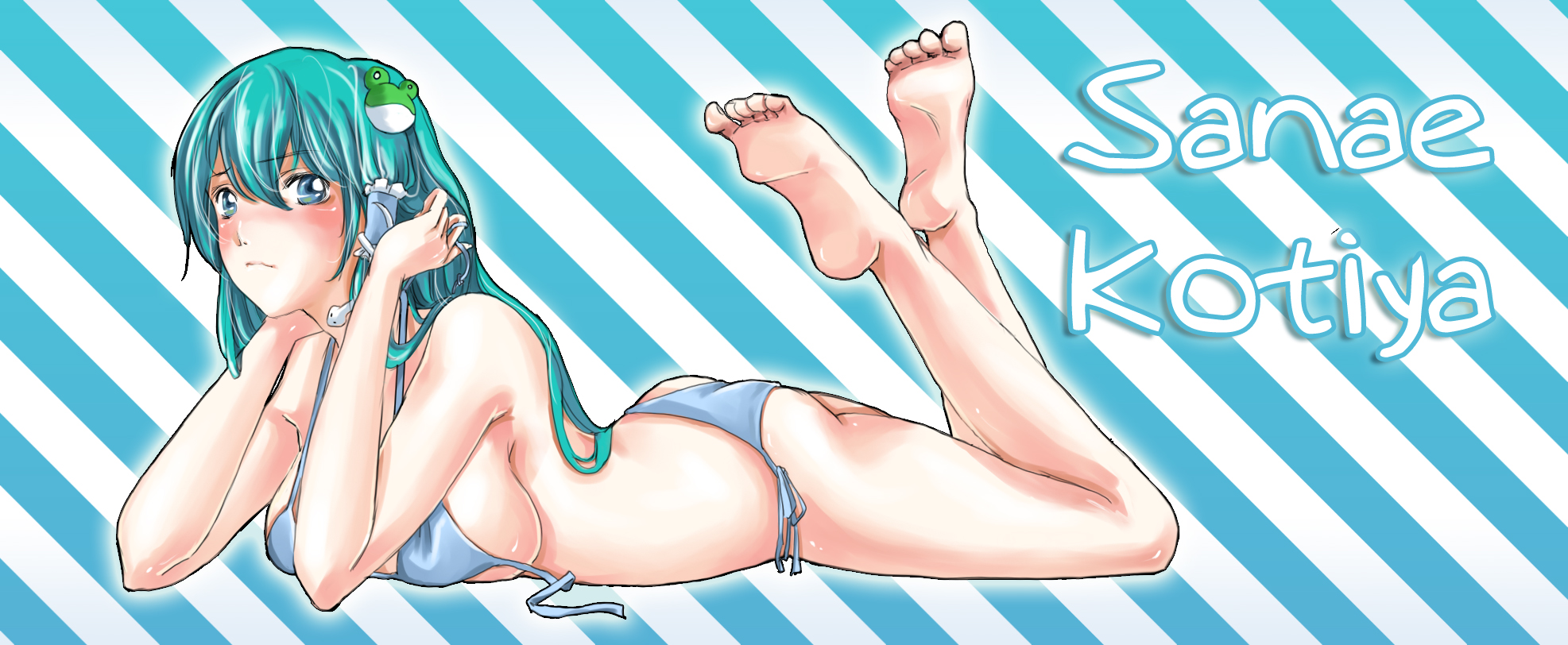 hikarumiao, kochiya sanae, touhou, highres, 1girl, bare shoulders, barefoot, bikini, blue eyes, breasts, character name, feet, female focus, frog, full body, green hair, hair ornament, legs, lips, long hair, lying, on stomach, side-tie bikini bottom, snake, solo, swimsuit, the pose, untied bikini