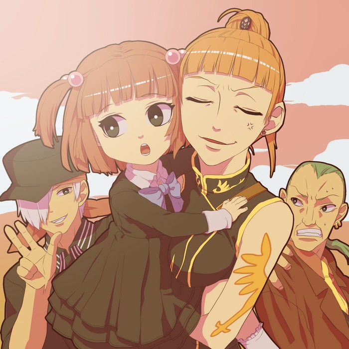 niso, amakusa juuza, okonogi tetsurou, ushiromiya ange, ushiromiya eva, 07th expansion, no naku koro ni (series), umineko no naku koro ni, silver hair, 00s, 2boys, 2girls, aged down, bow, bowtie, breasts, child, dress, earrings, green hair, grin, hair bobbles, hair ornament, hat, jewelry, multiple boys, multiple girls, necktie, orange hair, red hair, short twintails, smile, socks, sweatdrop, time paradox, twintails, v