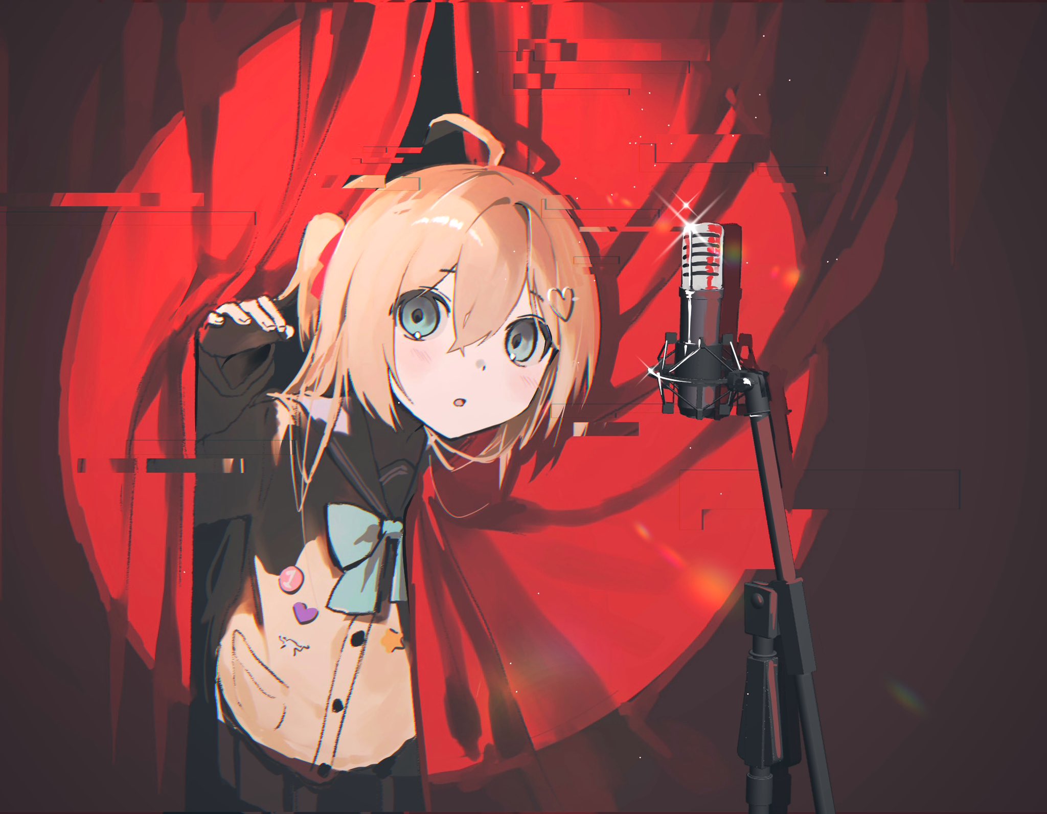 neuro-sama, vedal ai, highres, 1girl, :o, ahoge, aqua bow, aqua bowtie, blue eyes, blue sailor collar, bow, bowtie, brown hair, cowboy shot, crossed bangs, curtain grab, curtains, double-parted bangs, glitch, hair between eyes, hair intakes, hair ornament, hand up, heart, heart hair ornament, heart pin, hunched over, light particles, light rays, long hair, long sleeves, looking at viewer, m888992l7, microphone, microphone stand, miniskirt, pleated skirt, raised eyebrows, sailor collar, skirt, solo, sparkle, spotlight, star pin, two side up, virtual youtuber, wide-eyed