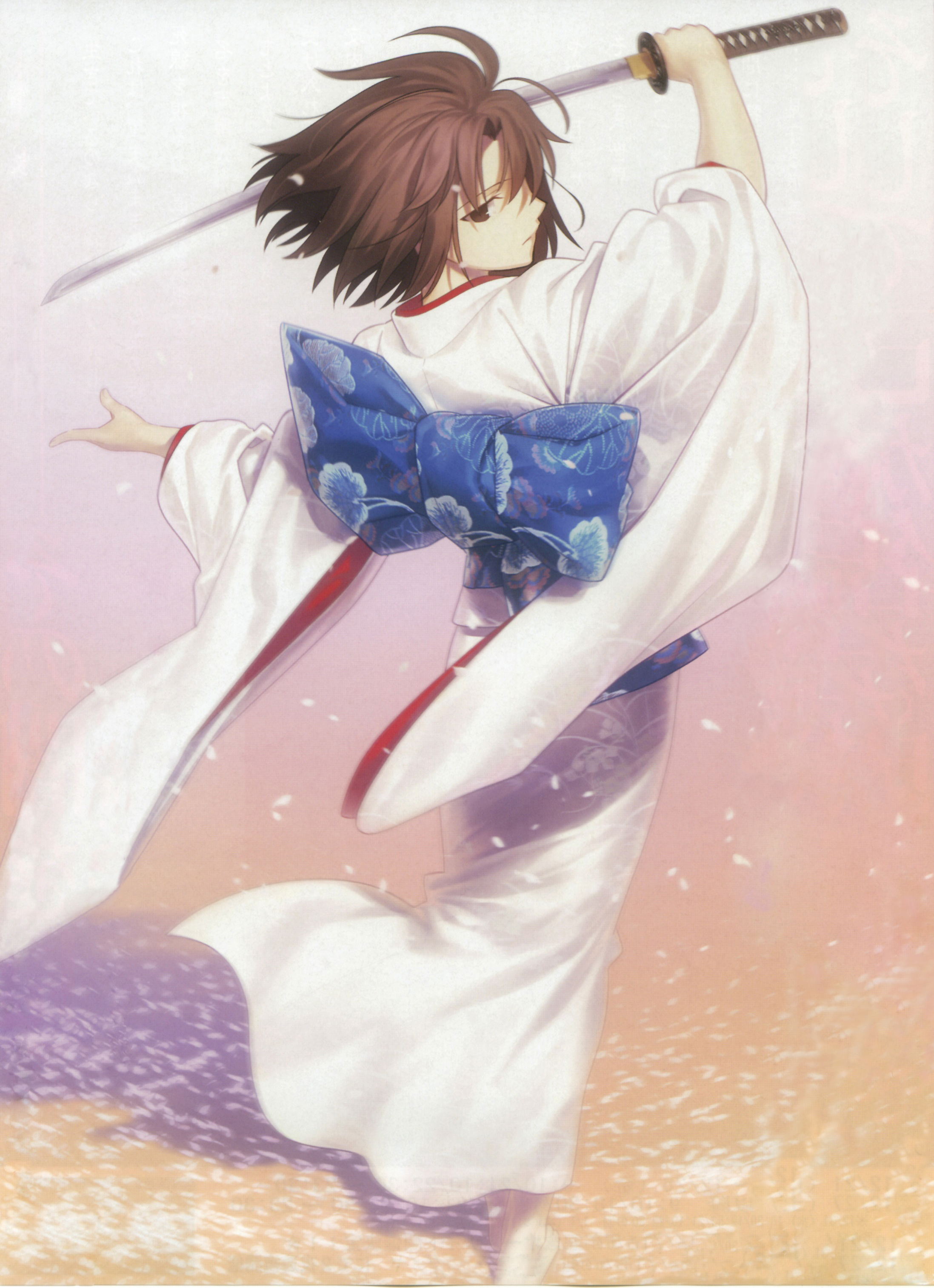 koyama hirokazu, takeuchi takashi, ryougi shiki, kara no kyoukai, absurdres, highres, scan, 1girl, barefoot, brown hair, cherry blossoms, dress, female focus, japanese clothes, katana, kimono, obi, sakura petals, sash, solo, sword, weapon, white dress
