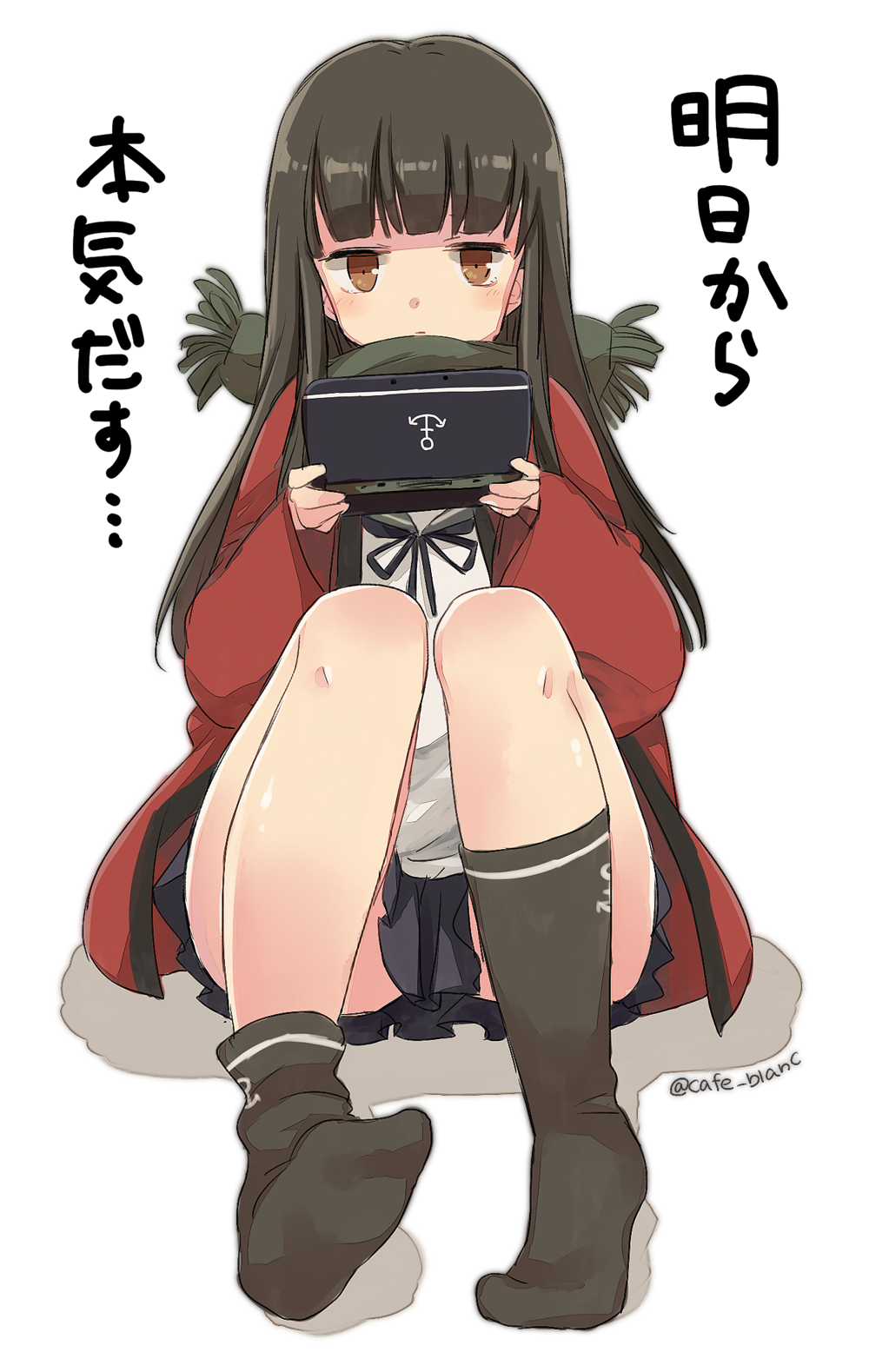 motohara moka, hatsuyuki (kancolle), kantai collection, commentary request, highres, translation request, 1girl, anchor symbol, black socks, blue neckerchief, blue skirt, blunt bangs, brown eyes, brown hair, full body, green scarf, green skirt, handheld game console, holding, holding handheld game console, jacket, kneehighs, knees, long hair, neckerchief, nintendo ds, open clothes, open jacket, pleated skirt, red jacket, scarf, shadow, shirt, sidelocks, simple background, single loose sock, sitting, skirt, socks, solo, white background, white shirt, winter clothes