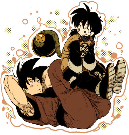 nitako, son gohan, son goku, dragon ball, dragonball z, bad id, bad pixiv id, lowres, 2boys, age difference, clothes writing, dougi, dragon ball (object), family bonding, father and son, frown, hat, holding, holding with tail, male focus, multiple boys, muscular, prehensile tail, sitting, tail, unworn hat, unworn headwear