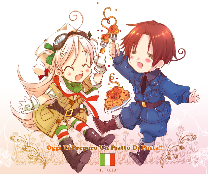 izumi rei, l3 (tank), northern italy (hetalia), veloce (moe moe niji taisen ryaku), axis powers hetalia, moe moe niji taisen deluxe, moe moe niji taisen ryaku, multicolored legwear, translated, 00s, 1boy, 1girl, :d, = =, ^ ^, ahoge, animal ears, animal hat, arm up, belt, blush, boots, brown hair, cat ears, chibi, closed eyes, crossover, fang, food, fork, gloves, goggles, goggles on head, hair ribbon, happy, hat, italian text, long hair, mecha musume, military, military uniform, necktie, open mouth, pasta, patterned legwear, pink hair, ribbon, scarf, short hair, short twintails, smile, spaghetti, striped clothes, striped thighhighs, thighhighs, twintails, two side up, very long hair, zettai ryouiki