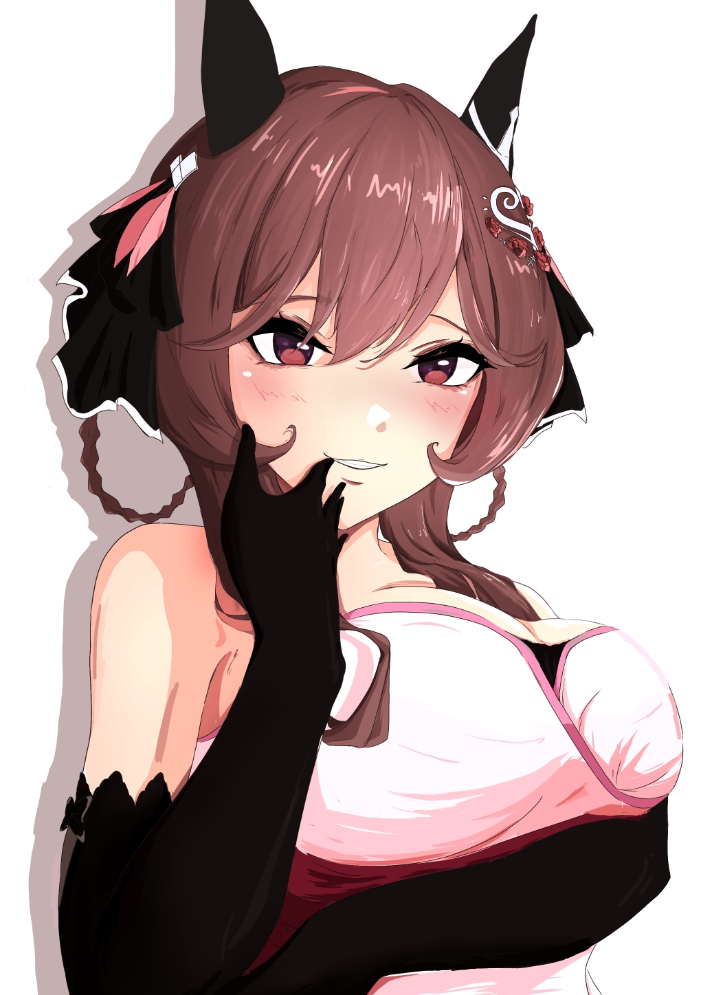 pakarappakaratt, gentildonna (umamusume), umamusume, commentary, highres, 1girl, animal ears, black ribbon, braid, braided hair rings, breasts, brown hair, ear covers, hair between eyes, hair ribbon, hair rings, horse ears, horse girl, large breasts, long hair, looking at viewer, red eyes, ribbon, simple background, solo, upper body, white background