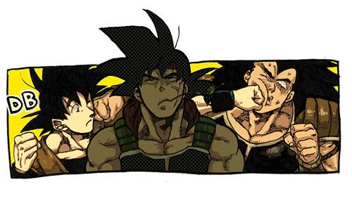 nitako, bardock, raditz, son goku, dragon ball, dragonball z, bad id, bad pixiv id, lowres, 3boys, age difference, annoyed, armor, black hair, brothers, crosscounter, father and son, male focus, multiple boys, muscular, scar, siblings