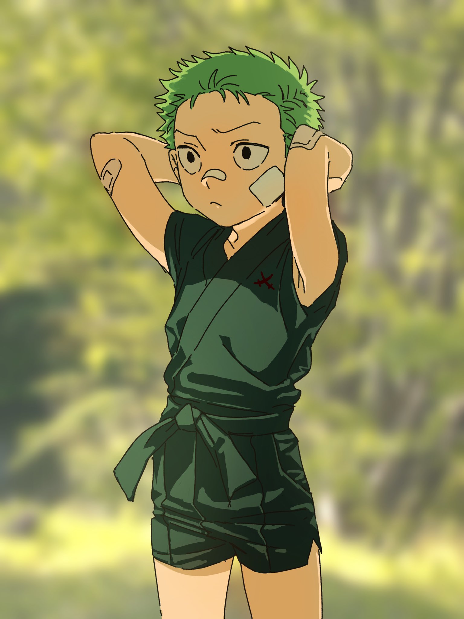 53 (kanimisomrmr), roronoa zoro, one piece, highres, 1boy, aged down, arms up, bandaid, bandaid on arm, bandaid on face, bandaid on nose, black eyes, blurry, blurry background, cowboy shot, green hair, japanese clothes, looking ahead, male focus, short hair, solo