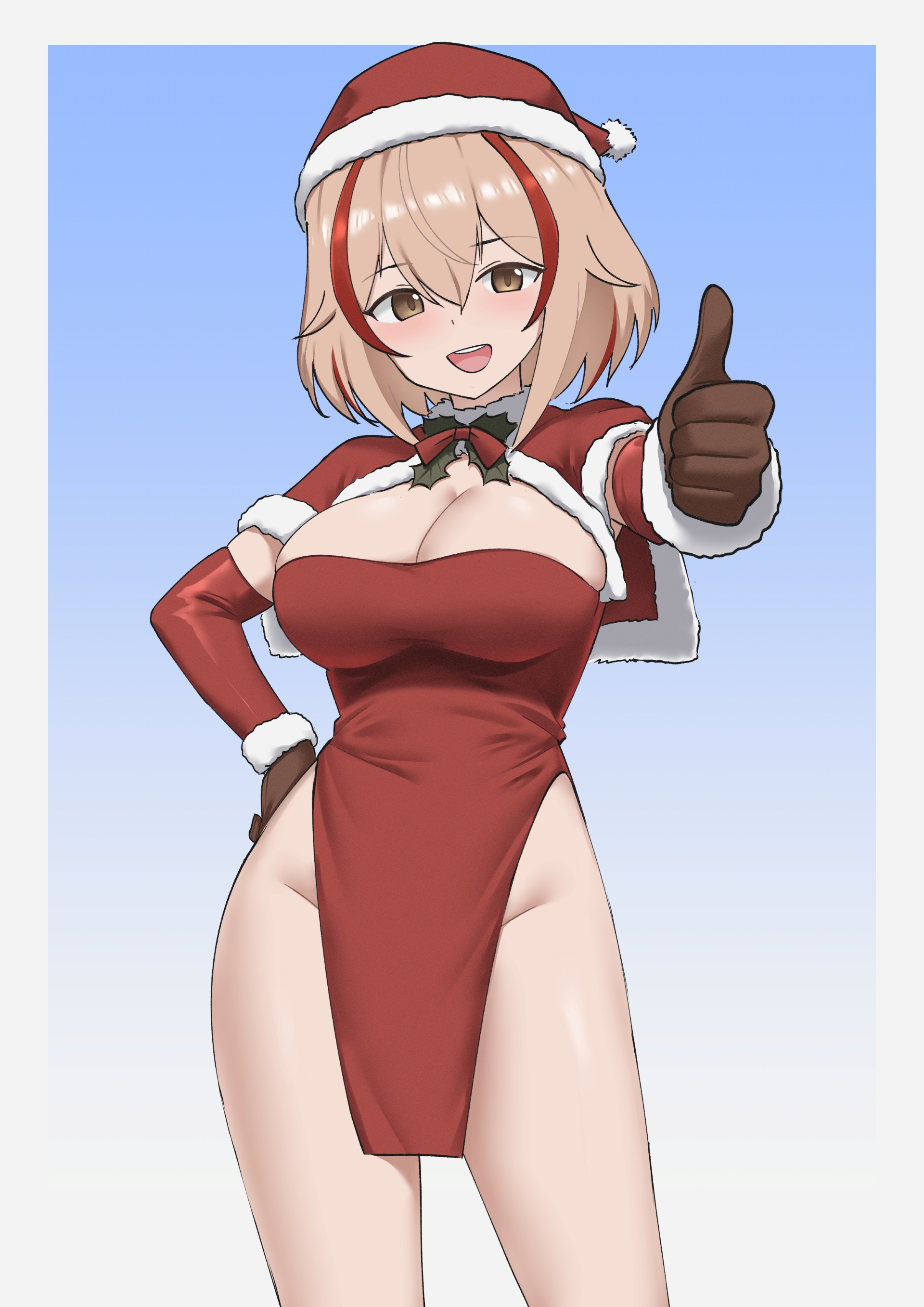 parallelrey, roon (azur lane), azur lane, absurdres, commentary, english commentary, highres, 1girl, blonde hair, bow, breasts, capelet, cleavage, detached sleeves, dot nose, dress, fur-trimmed capelet, fur-trimmed headwear, fur trim, gloves, gradient background, hair between eyes, hat, large breasts, looking at viewer, multicolored hair, open mouth, pelvic curtain, red capelet, red dress, red hair, red hat, santa hat, simple background, teeth, thick thighs, thighs, thumbs up, upper teeth only, yellow eyes