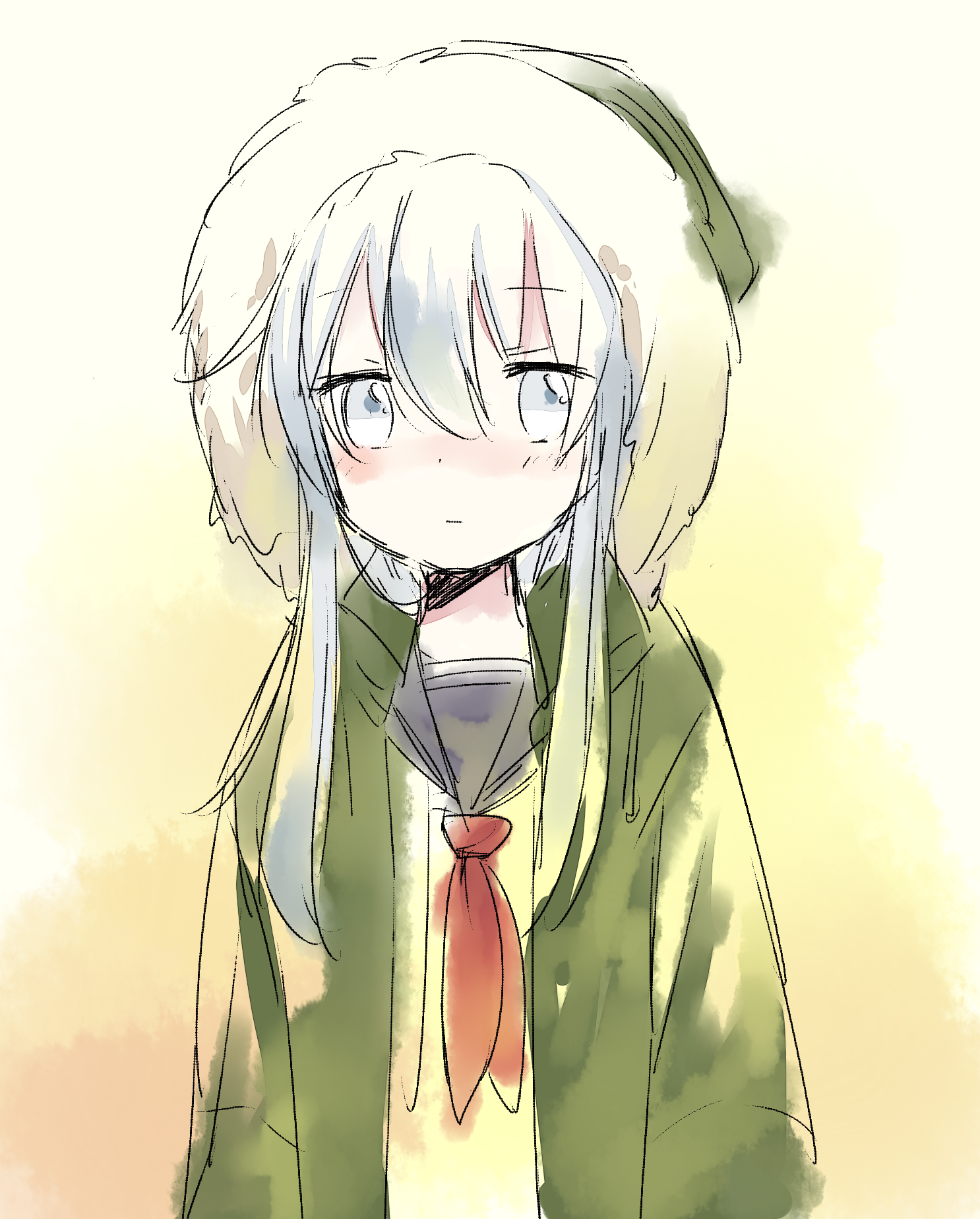 motohara moka, hibiki (kancolle), kantai collection, commentary request, highres, 1girl, alternate costume, black sailor collar, blue eyes, blue hair, blush, coat, fur-trimmed hood, fur trim, gradient background, green coat, hair between eyes, hood, hood down, hooded coat, long hair, long sidelocks, looking at viewer, neckerchief, red neckerchief, sailor collar, shirt, sidelocks, sketch, solo, upper body, white background, white shirt, winter clothes, yellow background