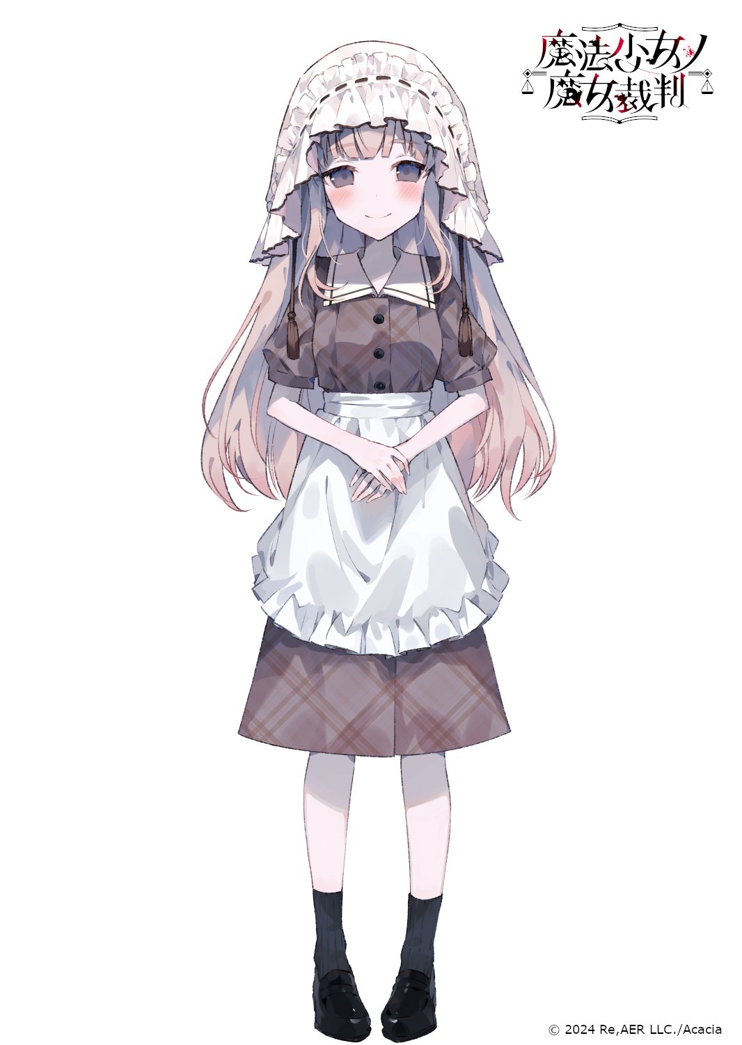 sugawara omu, hikami meruru, mahou shoujo no majo saiban, commentary request, highres, official art, second-party source, 1girl, apron, black shoes, black socks, blonde hair, brown dress, closed mouth, collared dress, copyright logo, copyright name, copyright notice, dress, frilled apron, frills, full body, logo, long hair, looking at viewer, official alternate costume, own hands together, shoes, short sleeves, simple background, smile, socks, solo, standing, treasure cafe, veil, waist apron, white apron, white background