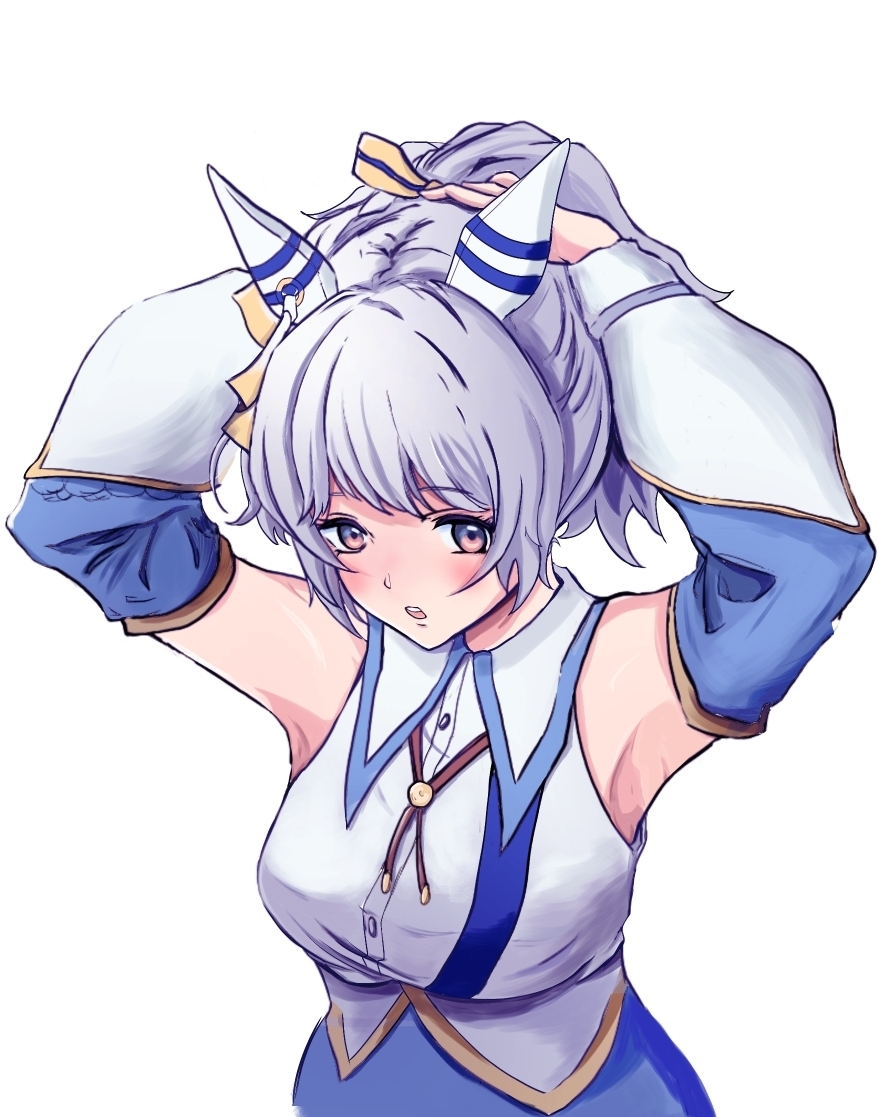 pakarappakaratt, hishi miracle (miracle make-up!) (umamusume), hishi miracle (umamusume), umamusume, commentary, 1girl, alternate hairstyle, animal ears, armpits, bare shoulders, breasts, brown eyes, brown ribbon, collared shirt, detached sleeves, ear covers, grey hair, horse ears, horse girl, large breasts, looking at viewer, medium hair, neck ribbon, ponytail, ribbon, shirt, simple background, solo, tying hair, upper body, white background