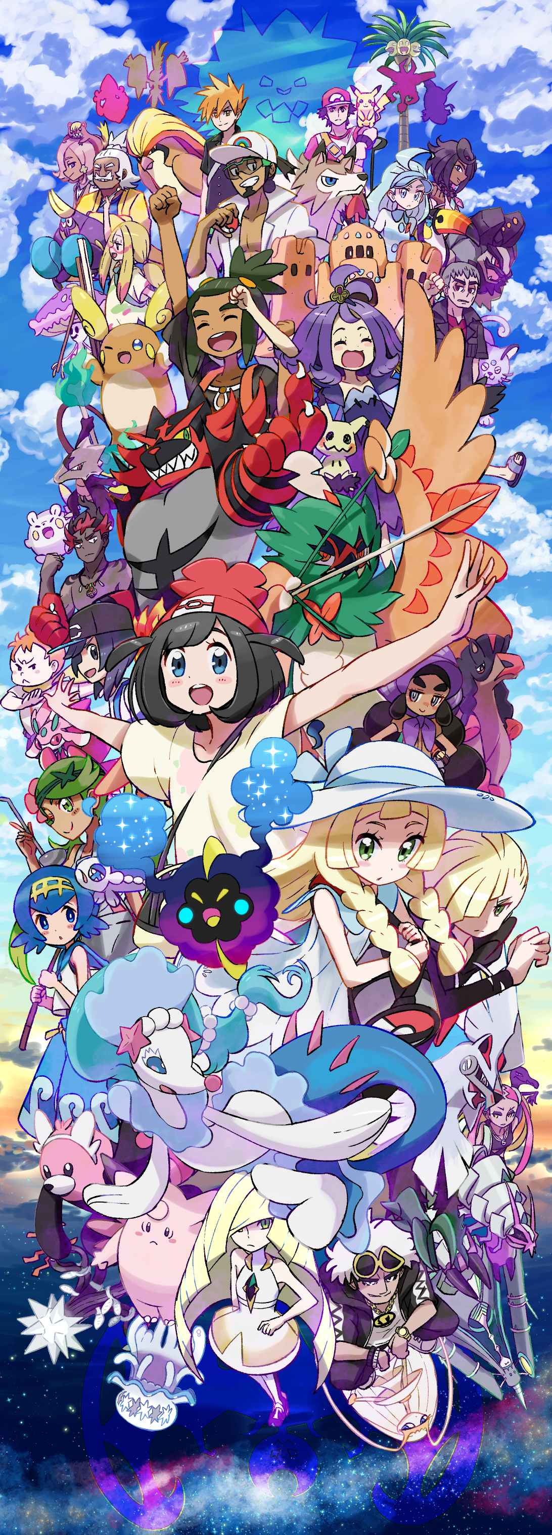 kingin, acerola (pokemon), alolan exeggutor, alolan golem, alolan marowak, alolan persian, alolan raichu, bewear, blue oak, celesteela, clefable, cosmog, crabrawler, decidueye, elio (pokemon), gladion (pokemon), golisopod, hala (pokemon), hapu (pokemon), hau (pokemon), ilima (pokemon), incineroar, kahili (pokemon), kiawe (pokemon), lana (pokemon), lillie (pokemon), lunala, lurantis, lusamine (pokemon), lycanroc, lycanroc (midday), mallow (pokemon), mimikyu, mudsdale, nanu (pokemon), nihilego, olivia (pokemon), palossand, pheromosa, pidgeot, pikachu, plumeria (pokemon), primarina, professor kukui, red (pokemon), salazzle, selene (pokemon), shiinotic, silvally, solgaleo, sophocles (pokemon), tapu bulu, tapu fini, tapu koko, tapu lele, togedemaru, toucannon, wishiwashi, wishiwashi (solo), xurkitree, yungoos, nintendo, pokemon, pokemon sm, absurdres, commentary request, highres, 6+boys, 6+girls, :<, :3, ahoge, alolan form, arm up, arms up, arrow (projectile), asymmetrical eyewear, bag, baseball cap, big hair, black eyes, black hair, black hat, black jacket, black sandals, black shirt, blonde hair, blue eyes, blue hair, blue pants, blue shirt, blue sky, blush, blush stickers, bone, bonnet, bracelet, braid, bright pupils, brown hair, brown vest, canvas (object), claws, clenched hand, clenched hands, closed eyes, closed mouth, cloud, collarbone, collared dress, collared shirt, colored sclera, dark-skinned female, dark-skinned male, dark skin, day, dress, duffel bag, easel, everyone, eyeshadow, eyewear on head, facepaint, facial hair, fangs, fire, fishing rod, flower, forehead jewel, from side, gen 1 pokemon, gen 7 pokemon, gloves, goatee, golf club, green-framed eyewear, green eyes, green fire, green hair, green hairband, grey hair, grin, hair flower, hair ornament, hair over one eye, hairband, handbag, hands on own hips, hat, holding, holding bone, holding fishing rod, holding ladle, holding paintbrush, holding poke ball, holding strap, hood, hood down, hooded jacket, jacket, jewelry, lab coat, ladle, legendary pokemon, lips, long hair, long neck, makeup, mature male, medium hair, mismatched eyebrows, mole, mole under eye, multicolored hair, multiple boys, multiple girls, multiple heads, mustache, necklace, night, no sclera, on head, on shoulder, one eye closed, open clothes, open mouth, open shirt, orange eyes, orange hair, orange pupils, outstretched arms, paint in hair, paint on clothes, paintbrush, pants, patchwork clothes, pink flower, pink hair, poke ball, poke ball (basic), pokemon (creature), pokemon on head, pokemon on shoulder, ponytail, purple bonnet, purple gloves, purple hair, red eyes, red hair, red hat, red shirt, sandals, sharp teeth, shirt, shoes, short hair, short sleeves, sidelocks, silhouette, skin fangs, sky, sleeveless, sleeveless dress, sleeveless shirt, smile, spiked hair, spikes, split mouth, spread arms, squatting, star (sky), star (symbol), star hair ornament, sun hat, sunglasses, team skull, teeth, thick eyebrows, topless male, twin braids, two-tone eyebrows, two-tone hair, ultra beast, upper teeth only, v-shaped eyes, very long hair, vest, visor cap, watch, white dress, white hair, white hat, white jacket, white pupils, white shirt, white shoes, wrinkled skin, wristwatch, yellow eyes, yellow hairband, yellow jacket, yellow sclera