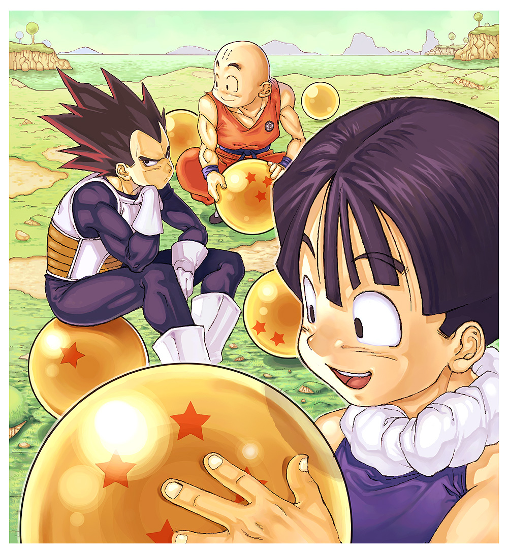 katsutake, kuririn, son gohan, vegeta, dragon ball, dragonball z, white footwear, 3boys, bald, black hair, child, dragon ball (object), gloves, green sky, male focus, multiple boys, namek, no nose, outdoors, saiyan armor, sitting, sky, spiked hair, white gloves, widow's peak
