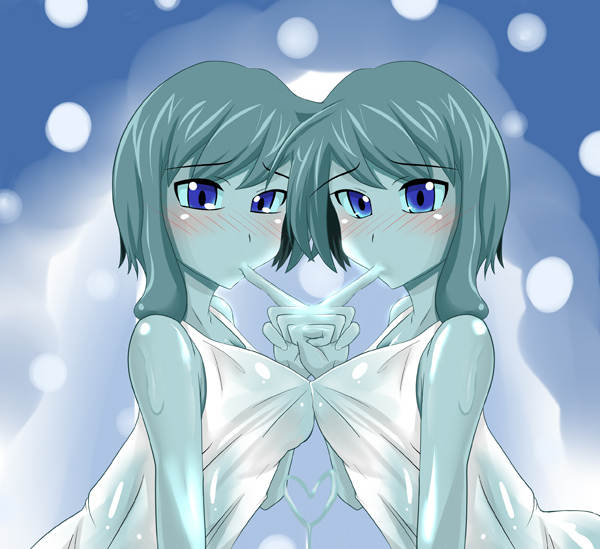 artist request, source request, 2girls, blue eyes, blue hair, blush, breasts, fusion, large breasts, monster girl, multiple girls, see-through clothes, siblings, sisters, slime girl, twins