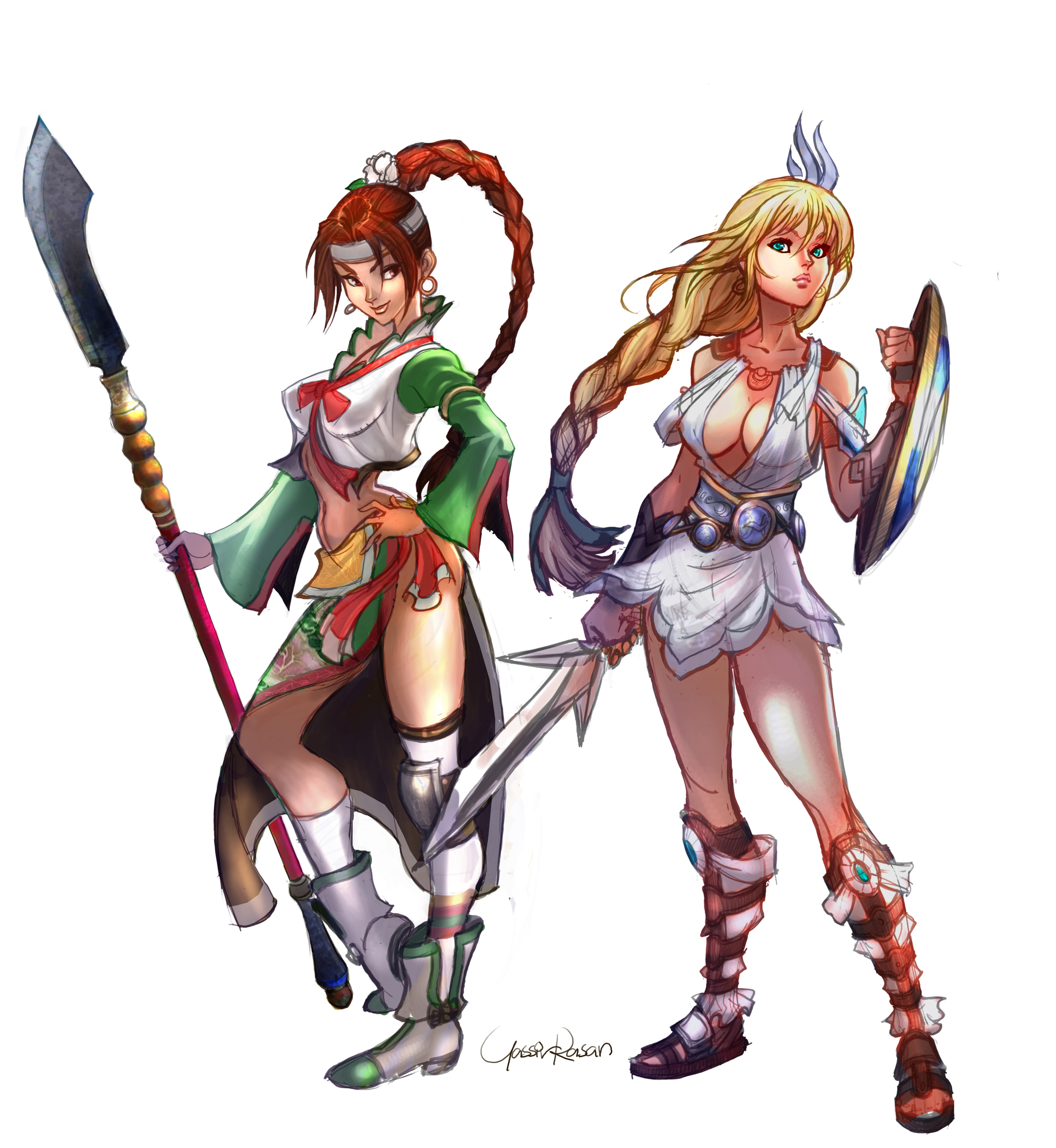 seeso2d, seong mi-na, sophitia alexandra, namco, soul calibur, soulcalibur, soulcalibur iv, absurdres, highres, 2girls, armor, armored dress, asymmetrical legwear, blonde hair, blonde twist, boots, braid, breasts, brown eyes, brown hair, cleavage, dress, earrings, elk shield, gladiator sandals, glaive (polearm), goddess bracelet, goddess guards, goddess headdress, goddess robe, green eyes, halberd, headband, hoop earrings, jewelry, lips, long hair, mismatched legwear, multiple girls, naginata, navel, omega sword, pelvic curtain, polearm, sandals, shield, signature, single braid, single sock, single thighhigh, socks, spear, sword, thighhighs, weapon, white background