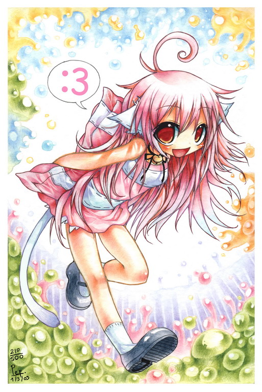 emperpep, painting (medium), traditional media, watercolor (medium), 1girl, :3, ahoge, animal ears, bell, cat ears, cat girl, cat tail, female focus, full body, jingle bell, long hair, pink hair, red eyes, solo, tail