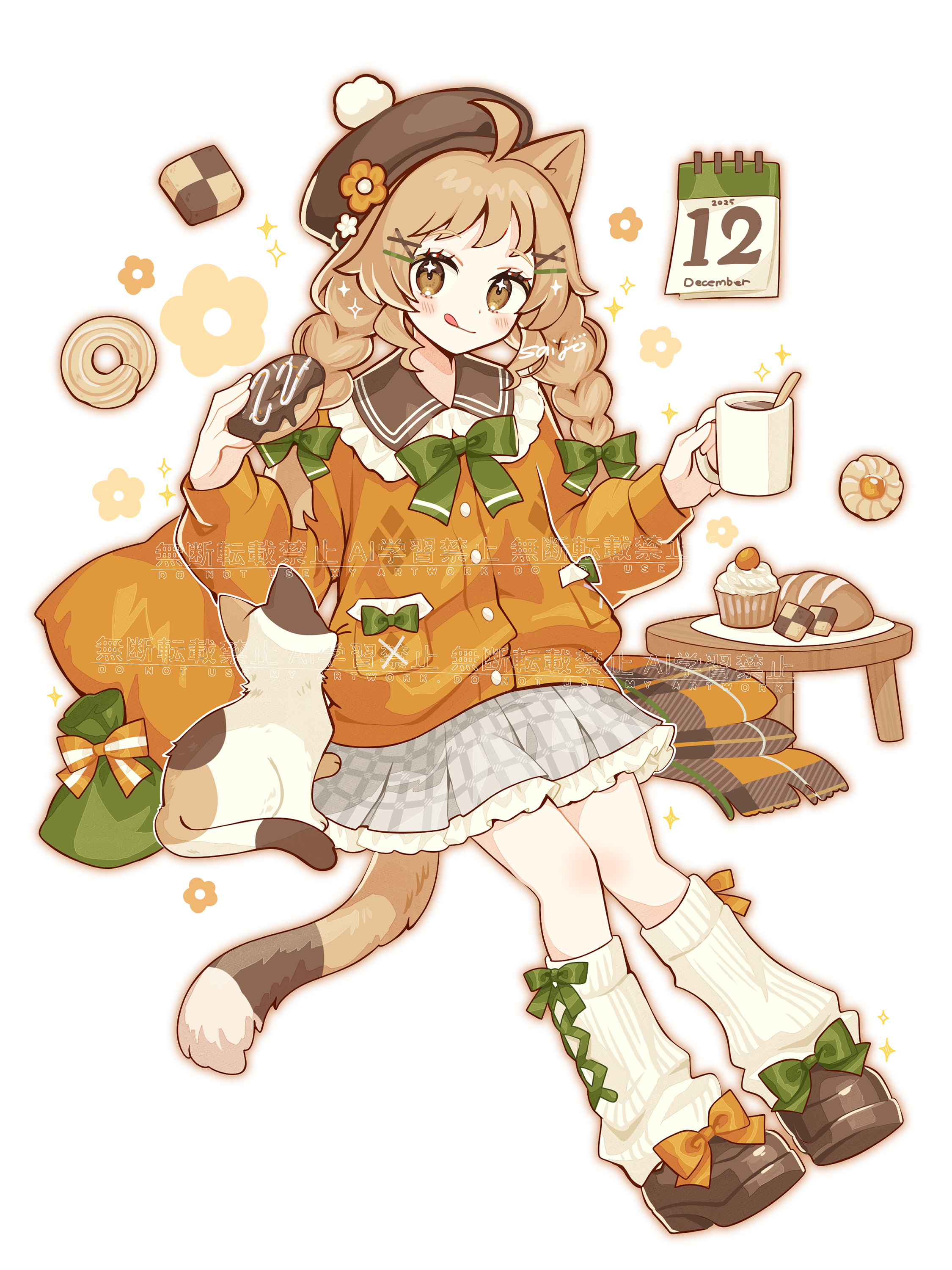 saijo1201, original, absurdres, commentary request, highres, 1girl, :q, ahoge, animal ears, beret, blush, bow, bowtie, braid, bread, brown eyes, brown hat, brown shoes, calendar (object), cardigan, cat ears, cat girl, cat tail, checkerboard cookie, closed mouth, cookie, cup, cupcake, donut, food, frilled skirt, frills, full body, green bow, green bowtie, grey skirt, hair bow, hair ornament, hairclip, hat, holding, holding cup, holding donut, holding food, long sleeves, looking at viewer, loose socks, orange bow, orange cardigan, pleated skirt, round table, shoes, simple background, skirt, socks, solo, table, tail, tongue, tongue out, twin braids, watermark, white background, white socks, x hair ornament