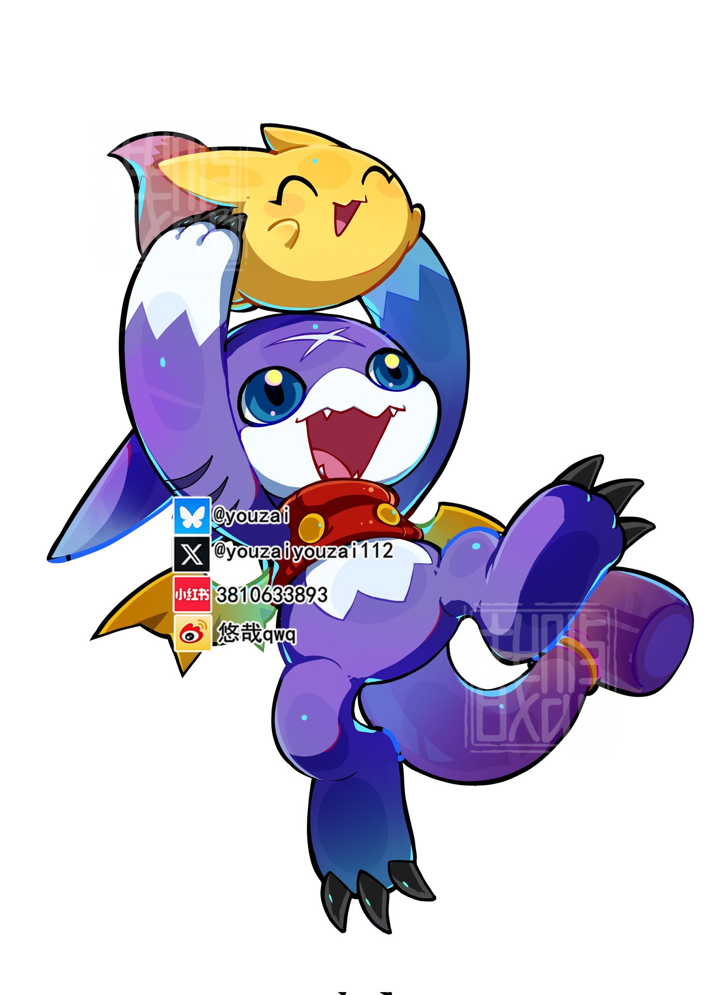 youzaiyouzai112, gumdramon, pokomon (digimon), digimon, highres, blue eyes, digimon (creature), dragon, fangs, full body, holding, red vest, simple background, vest, watermark, white background, yellow wings